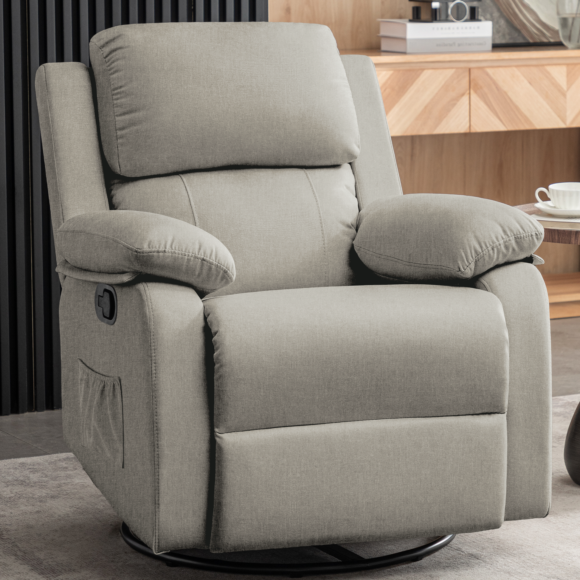 Korser Recliner Chair, 360 Swivel Rocker Chair for Adults, Small Rocking Recliner Chair for Small Spaces, Upholstered Fabric Recliner Chair with Side Pockets for Living Room