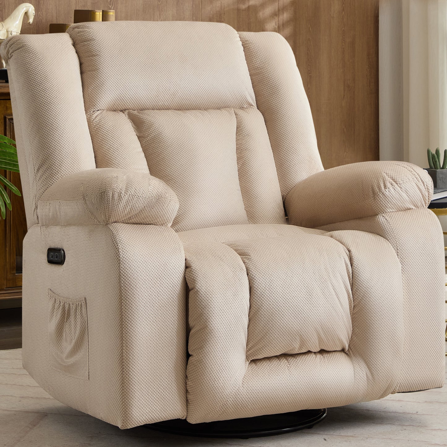 Oversize Power Recliner Chair, Swivel Rocking Chair for Adults, Electric Nursery Recliner with Massage and Heating, Waffle Fabric Recliner Chair with Side Pockets for Living Room