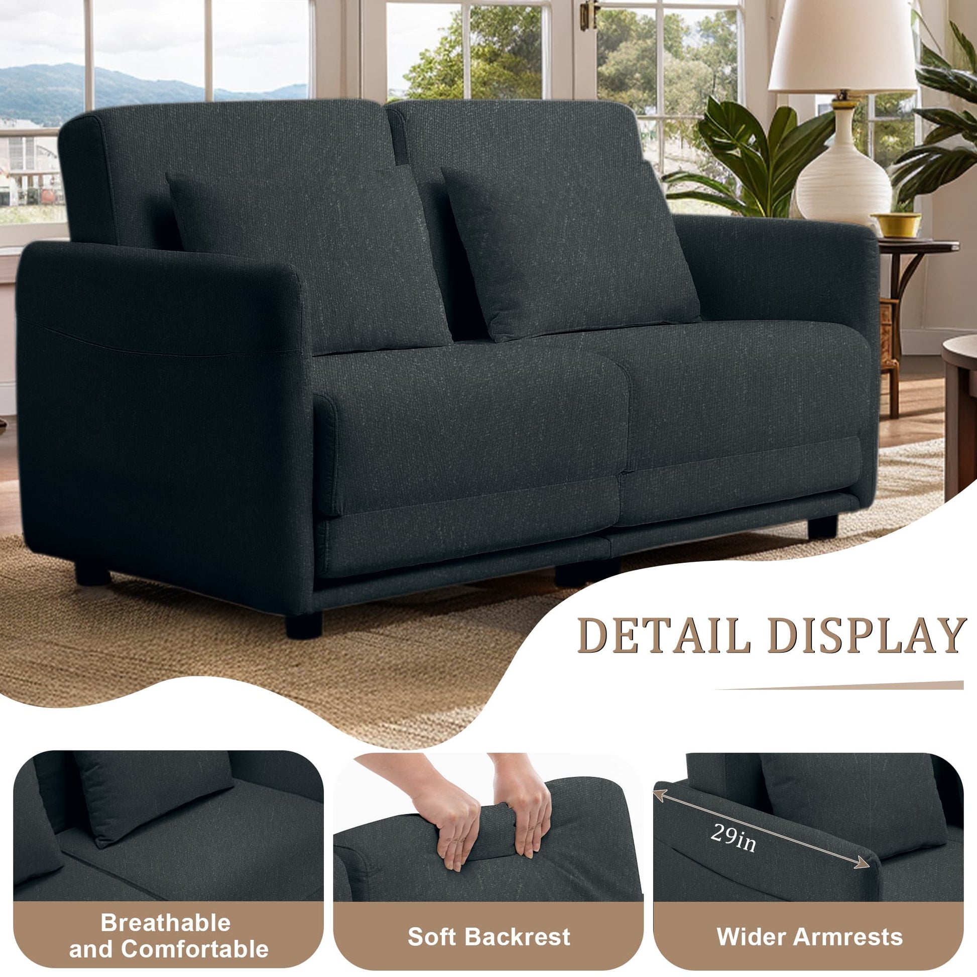 56.3" W x 74.8" L Small Full Size Pull Out Couch, Loveseat Sleeper with Side Pockets, Fold Floor Sofa Bed with Breathable & Washable Cover