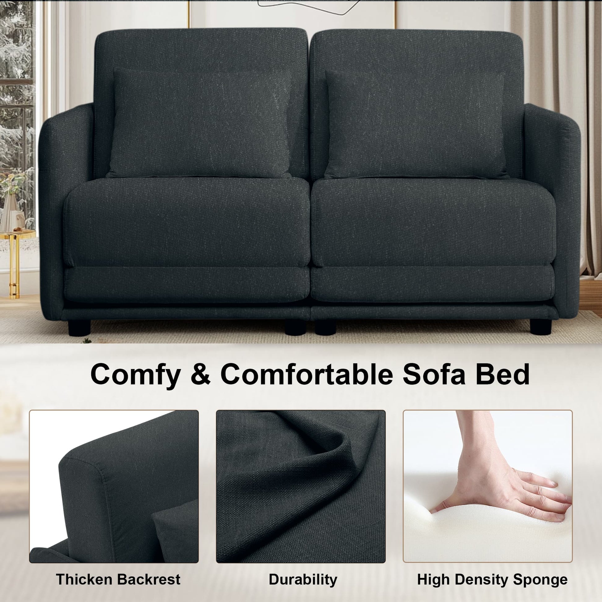 56.3" W x 74.8" L Small Full Size Pull Out Couch, Loveseat Sleeper with Side Pockets, Fold Floor Sofa Bed with Breathable & Washable Cover