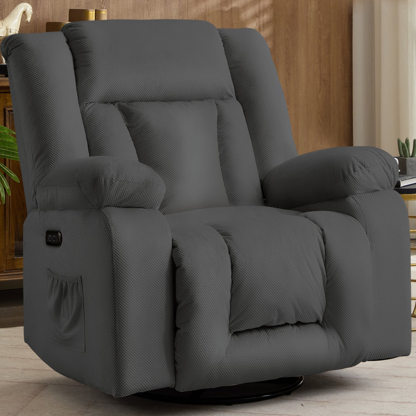 Oversize Power Recliner Chair, Swivel Rocking Chair for Adults, Electric Nursery Recliner with Massage and Heating, Waffle Fabric Recliner Chair with Side Pockets for Living Room