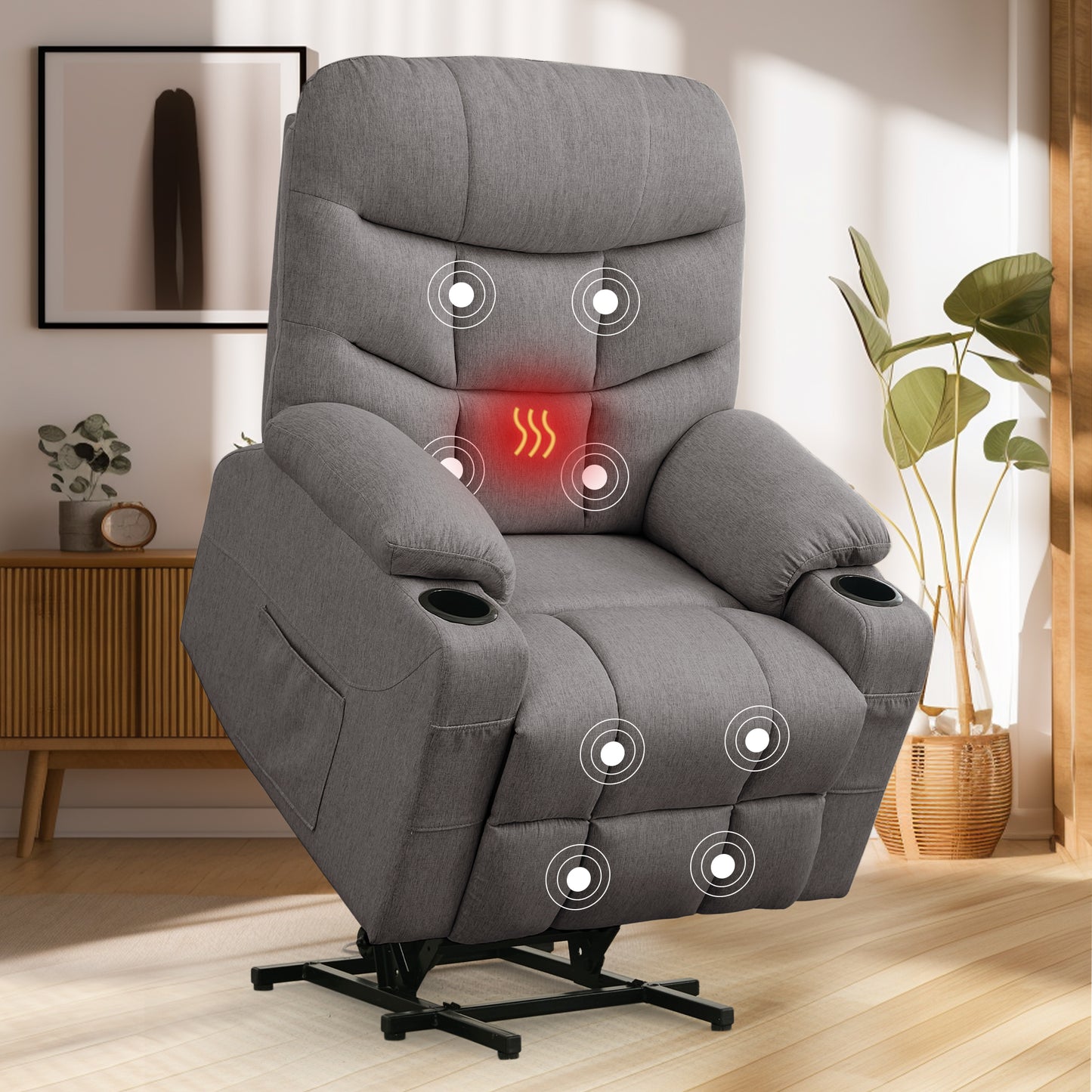 KORSER Power Lift Recliner Chair Sofa with Massage and Heat for Big Elderly People Side Pockets Fabric linen