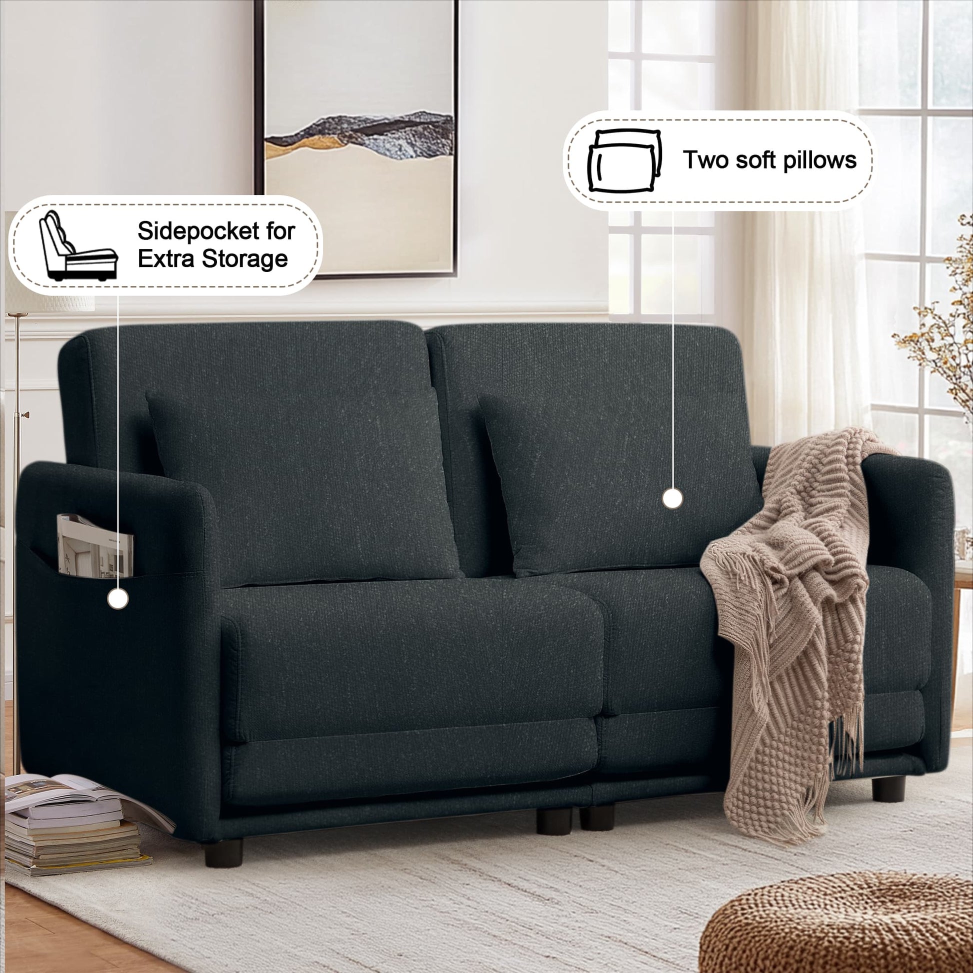 56.3" W x 74.8" L Small Full Size Pull Out Couch, Loveseat Sleeper with Side Pockets, Fold Floor Sofa Bed with Breathable & Washable Cover