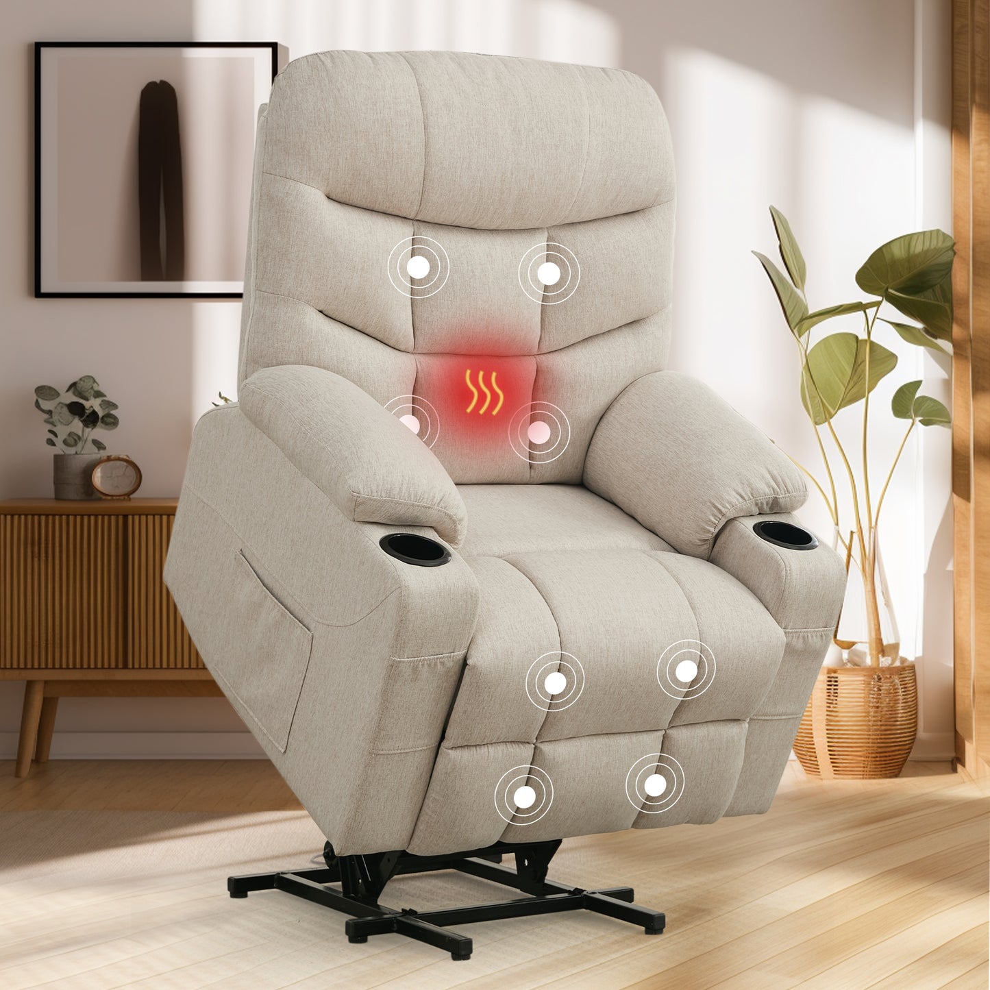 KORSER Power Lift Recliner Chair Sofa with Massage and Heat for Big Elderly People Side Pockets Fabric linen