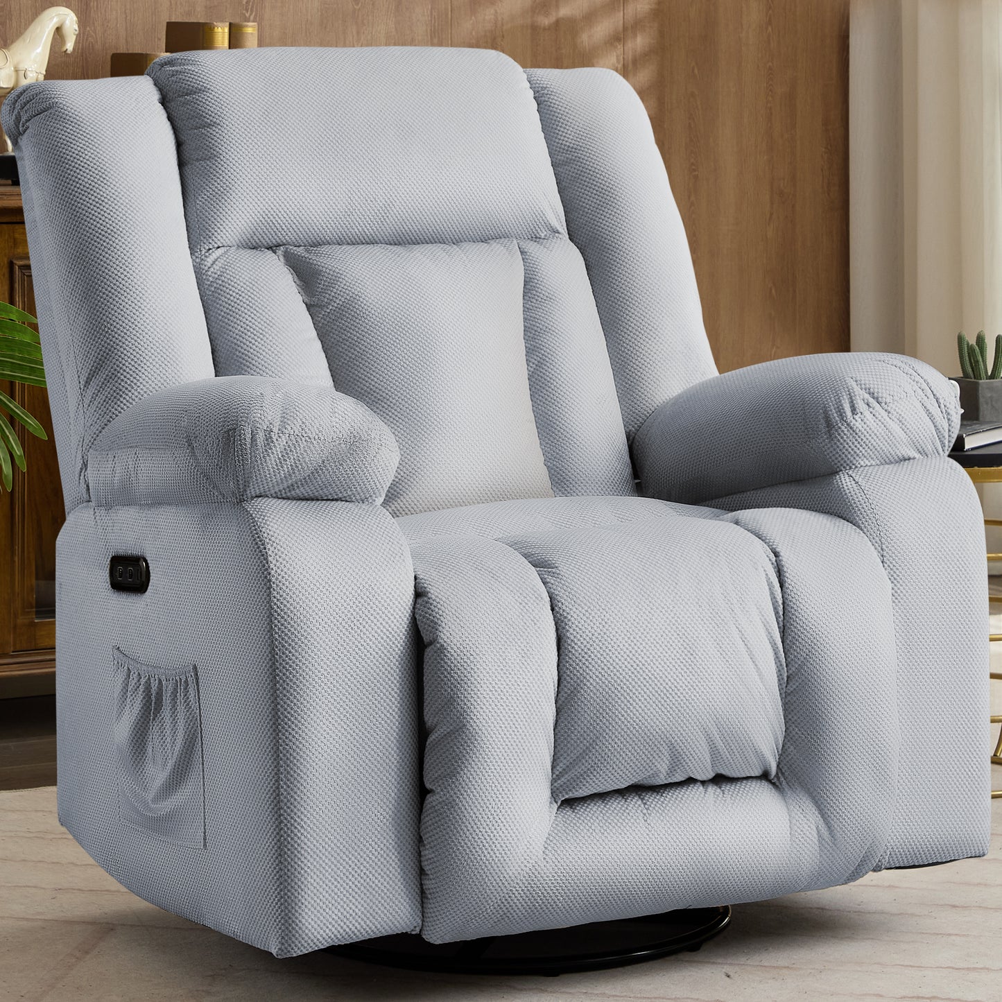 Oversize Power Recliner Chair, Swivel Rocking Chair for Adults, Electric Nursery Recliner with Massage and Heating, Waffle Fabric Recliner Chair with Side Pockets for Living Room
