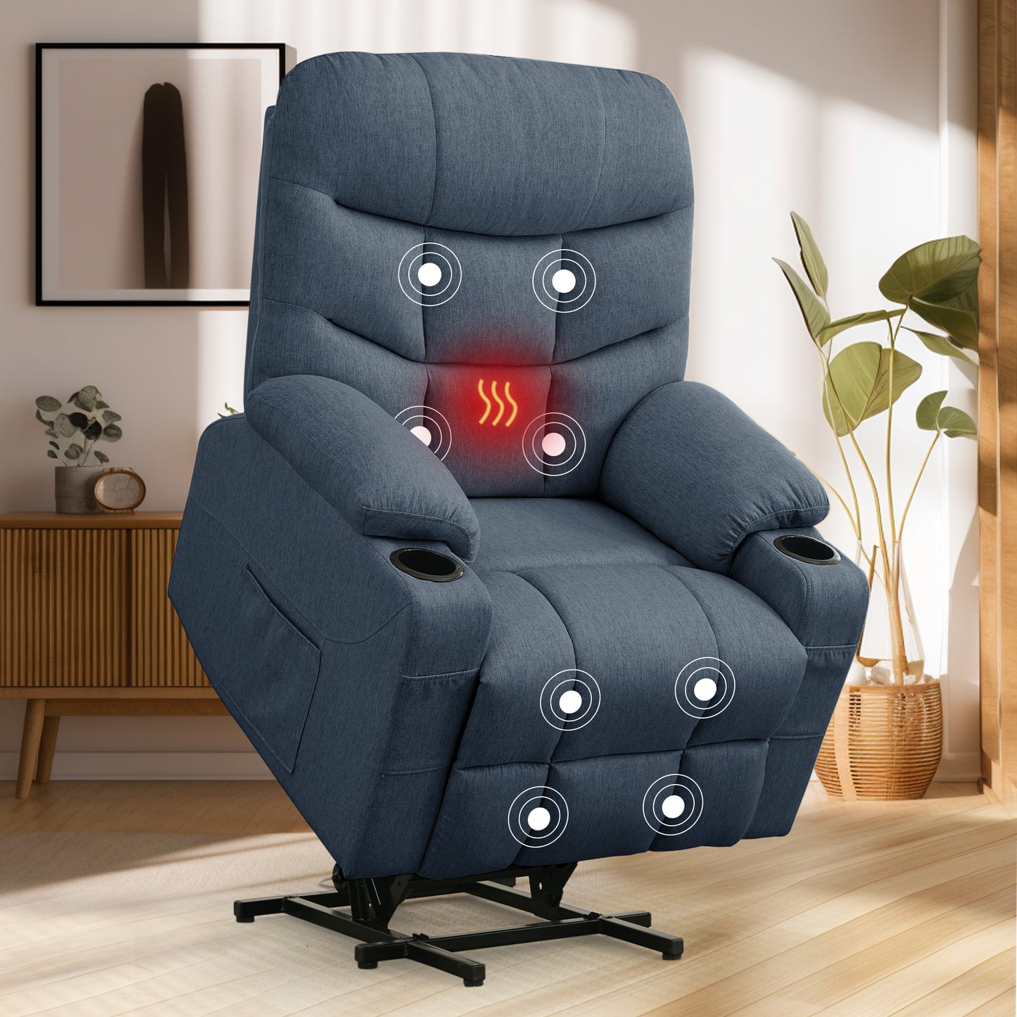 KORSER Power Lift Recliner Chair Sofa with Massage and Heat for Big Elderly People Side Pockets Fabric linen
