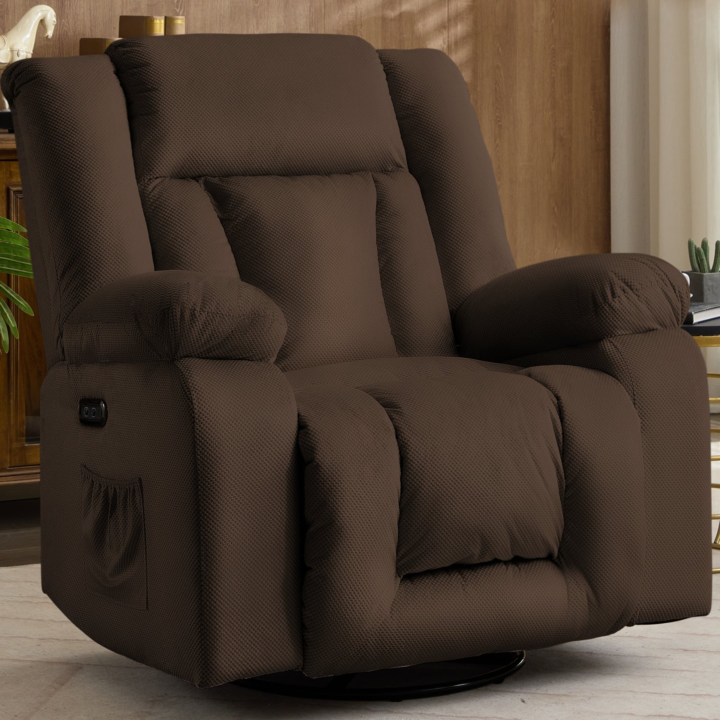 Oversize Power Recliner Chair, Swivel Rocking Chair for Adults, Electric Nursery Recliner with Massage and Heating, Waffle Fabric Recliner Chair with Side Pockets for Living Room