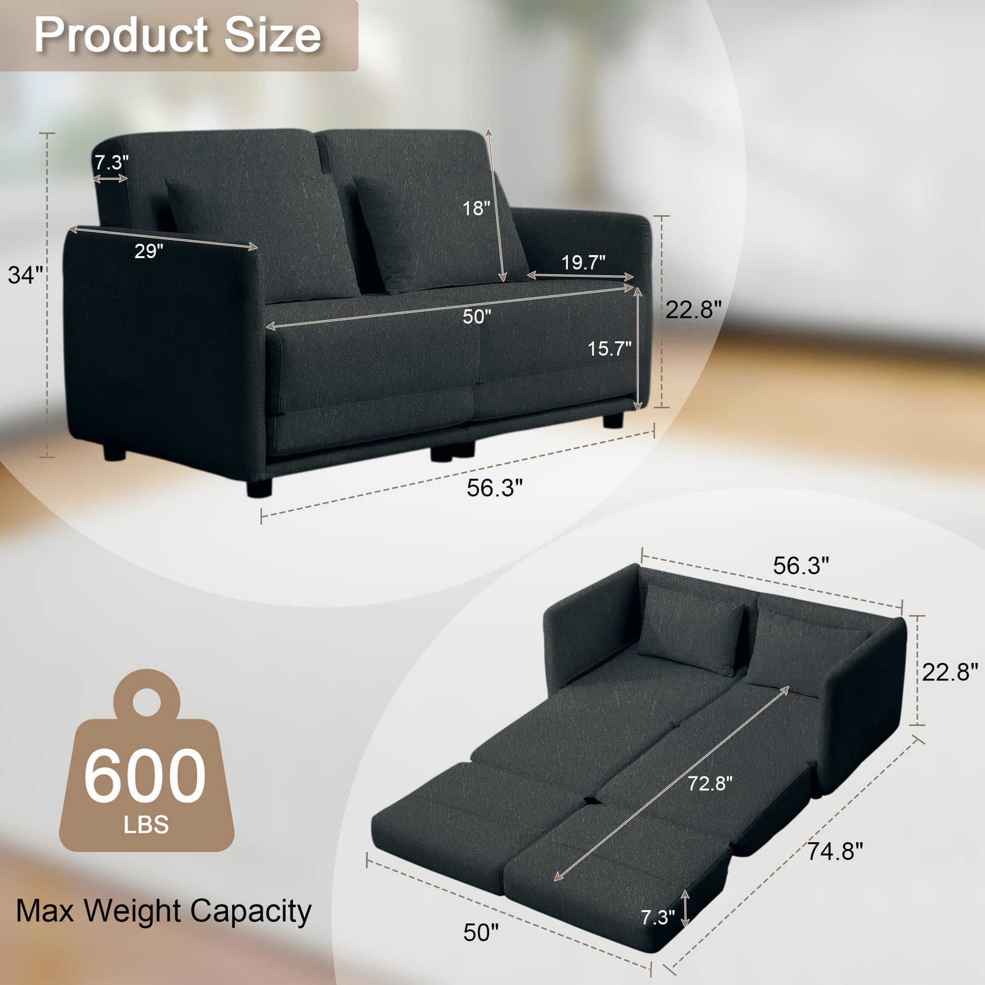 56.3" W x 74.8" L Small Full Size Pull Out Couch, Loveseat Sleeper with Side Pockets, Fold Floor Sofa Bed with Breathable & Washable Cover