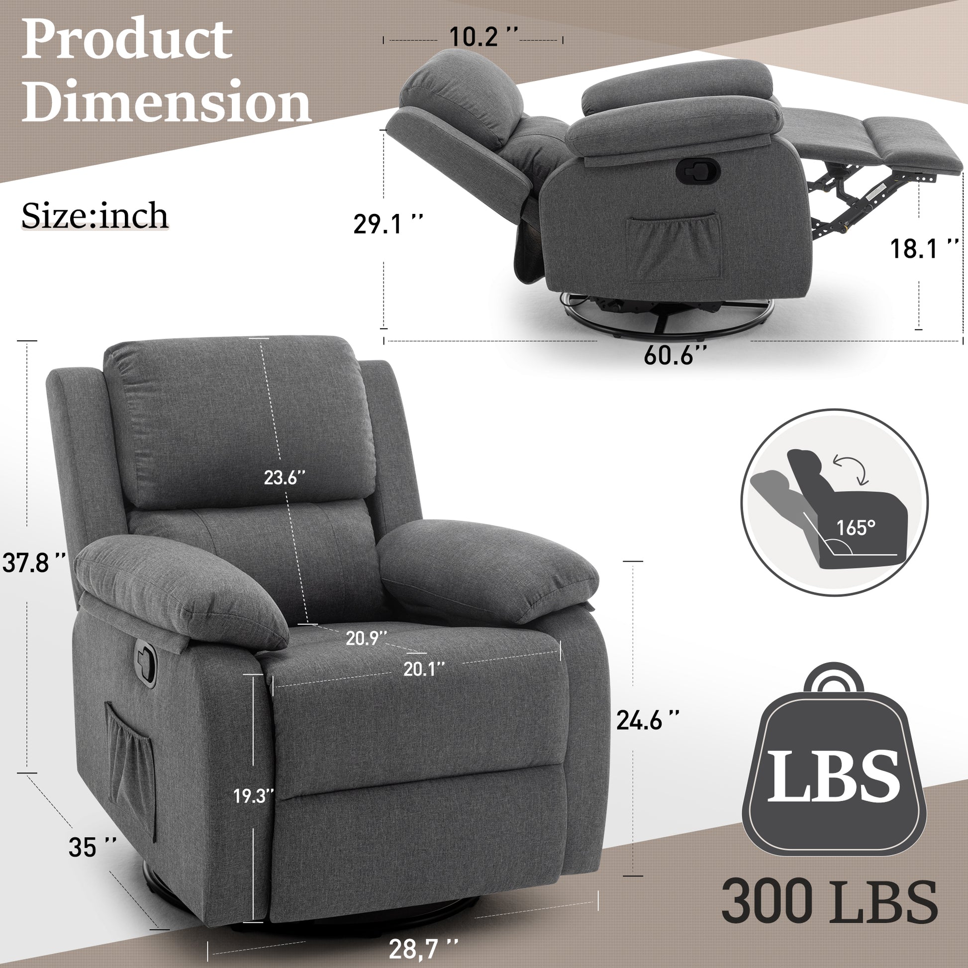 Korser Recliner Chair, 360 Swivel Rocker Chair for Adults, Small Rocking Recliner Chair for Small Spaces, Upholstered Fabric Recliner Chair with Side Pockets for Living Room