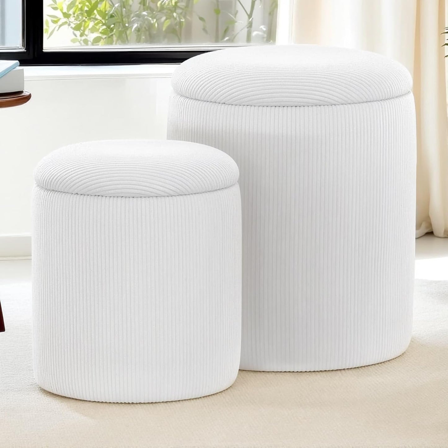 KORSER Round Ottoman with Storage, Set of 2, Small Ottoman with Storage as Vanity Chair, Corduroy Beige Ottoman Foot Rest for Small Space, Bedroom and Living Room
