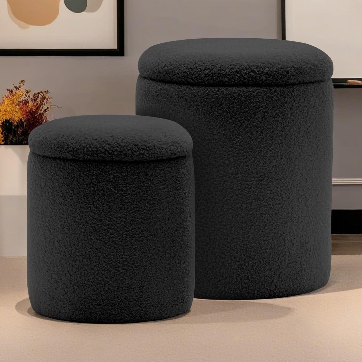 KORSER Round Ottoman with Storage, Set of 2, Small Ottoman with Storage as Vanity Chair, Corduroy Beige Ottoman Foot Rest for Small Space, Bedroom and Living Room