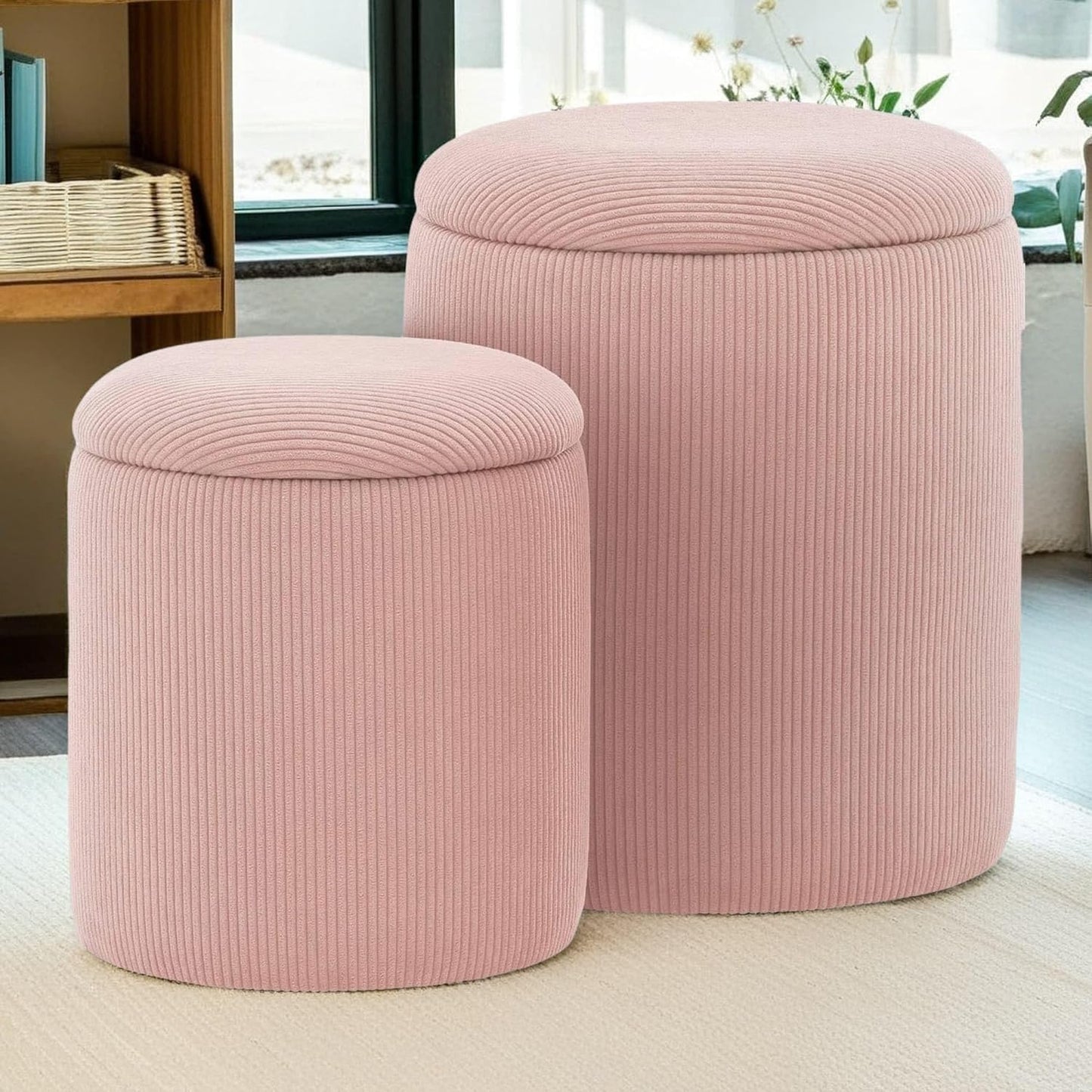 KORSER Round Ottoman with Storage, Set of 2, Small Ottoman with Storage as Vanity Chair, Corduroy Beige Ottoman Foot Rest for Small Space, Bedroom and Living Room
