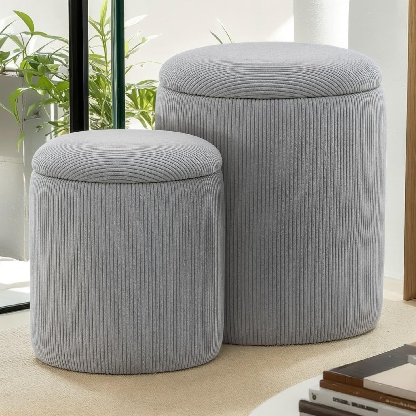 KORSER Round Ottoman with Storage, Set of 2, Small Ottoman with Storage as Vanity Chair, Corduroy Beige Ottoman Foot Rest for Small Space, Bedroom and Living Room