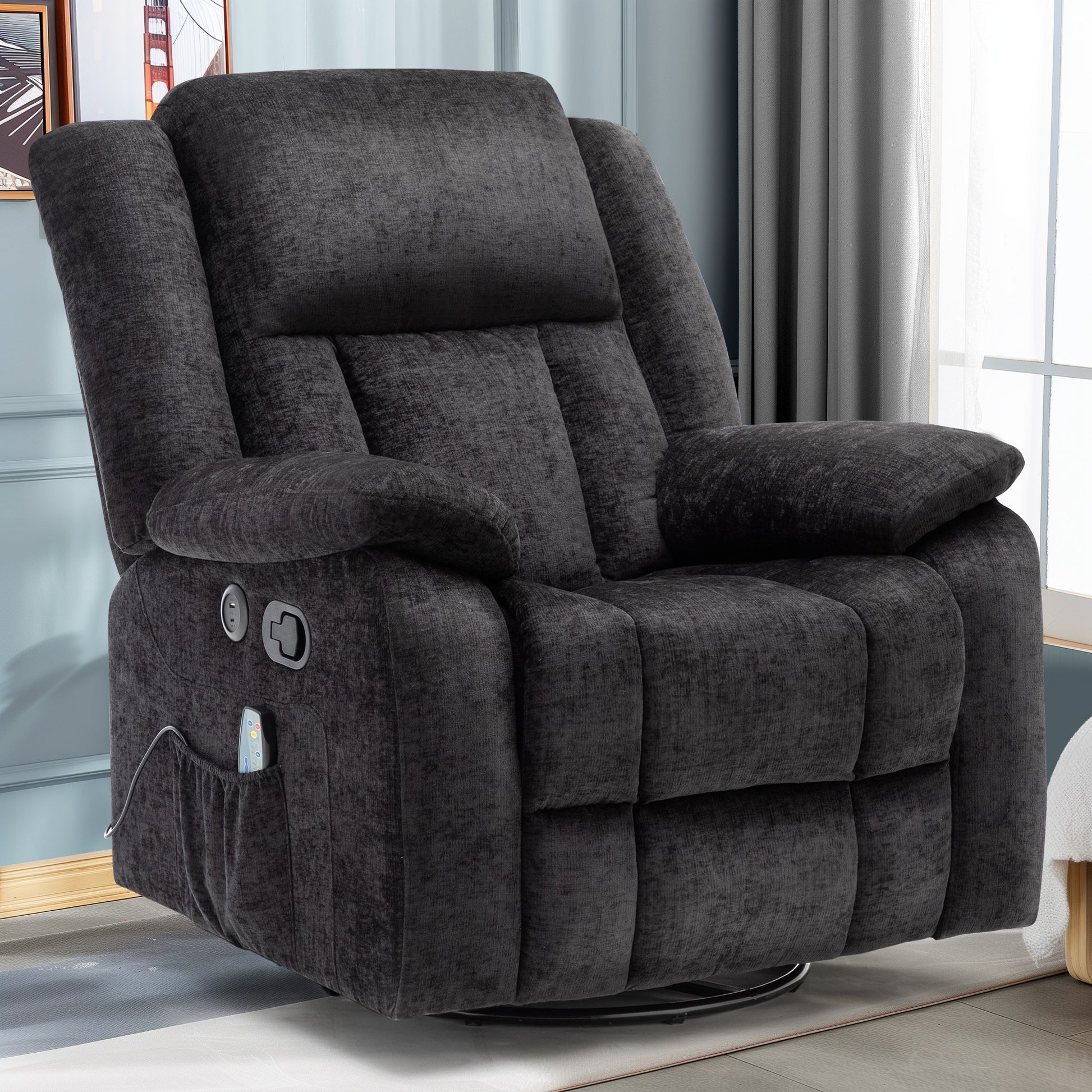 Rocker Recliner Chair, Glider Recliner Chairs for Adults, 360° Swivel Recliner with Massage and Heating, Rocking Recliner Chair with Side Pockets and USB