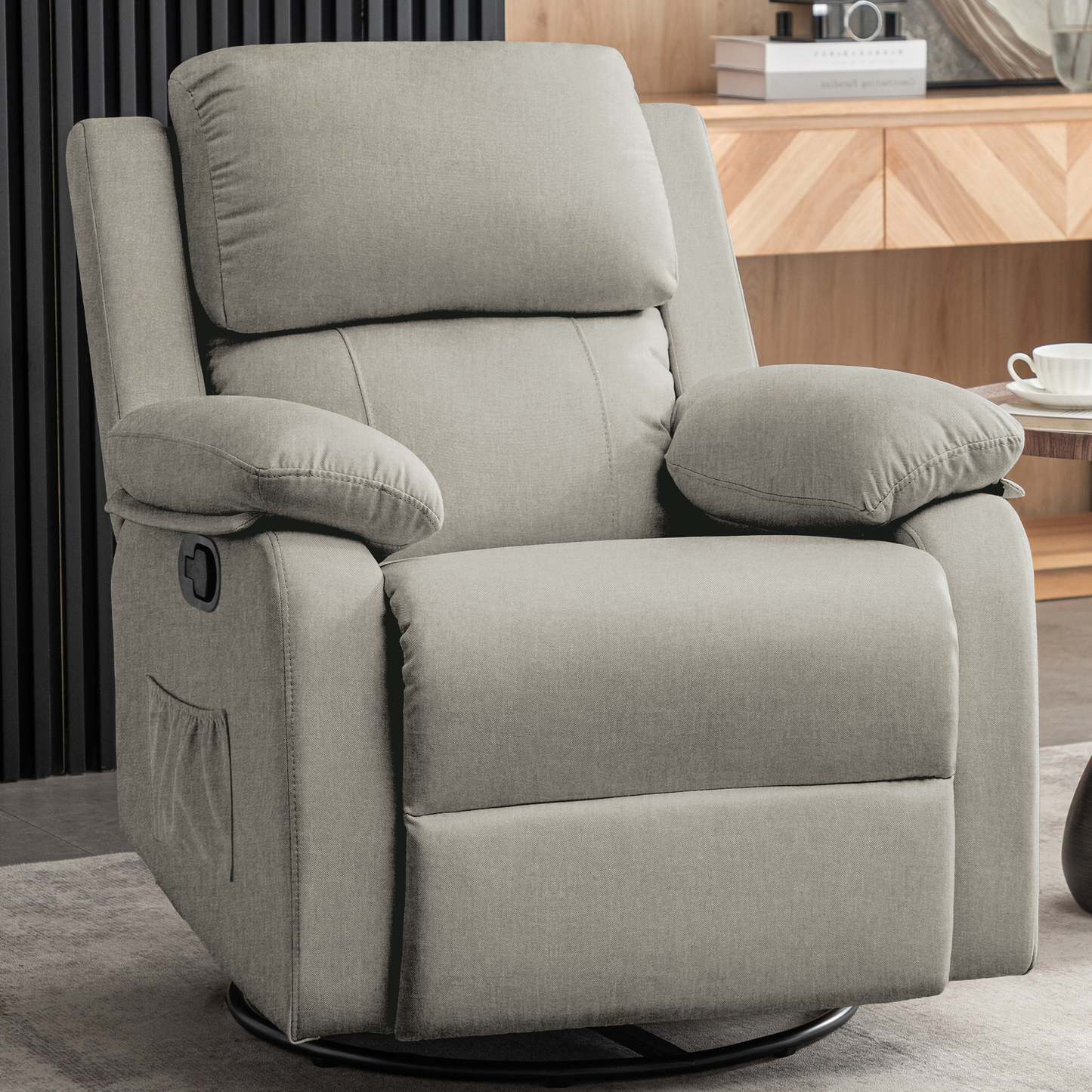 Recliner Chair, 360 Swivel Rocker Chair for Adults, Small Rocking Recliner Chair for Small Spaces, Upholstered Fabric Recliner Chair with Side Pockets for Living Room