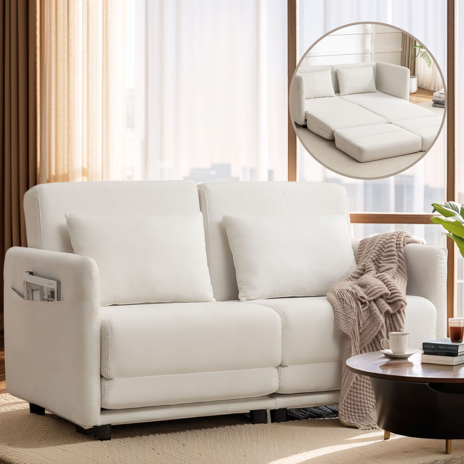 65" W x 80.7" L Small Queen Pull Out Couch, Loveseat Sleeper with Side Pockets, Fold Floor Sofa Bed with Breathable & Washable Cover