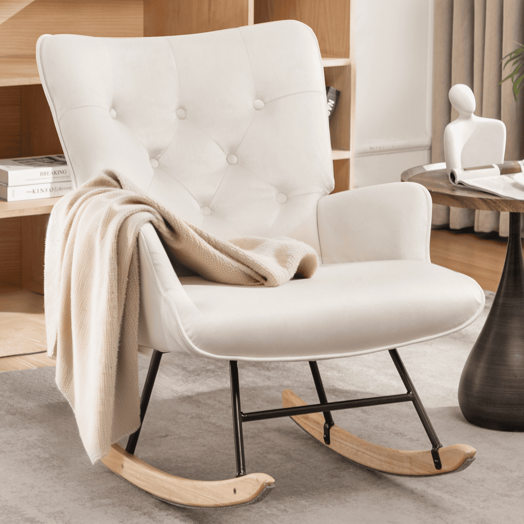 Rocking Chair for Nursery, Comfy Velvet Fabric Glider Rocker, Reading Chair with Support Seating and Side Pockets