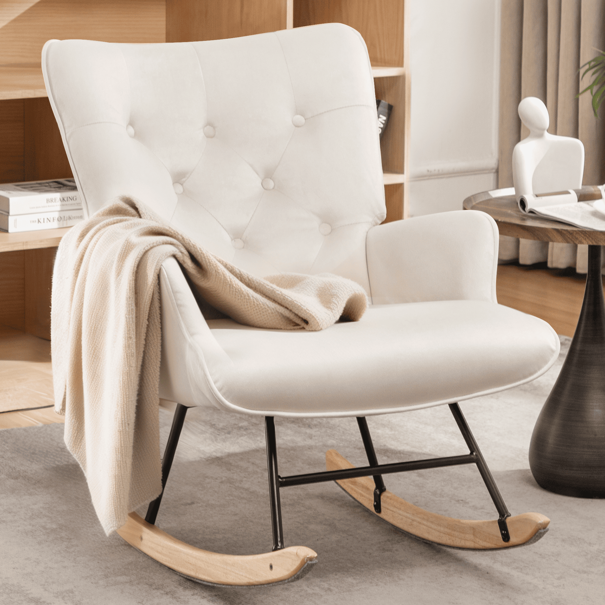 Rocking Chair for Nursery, Comfy Velvet Fabric Glider Rocker, Reading Chair with Support Seating and Side Pockets