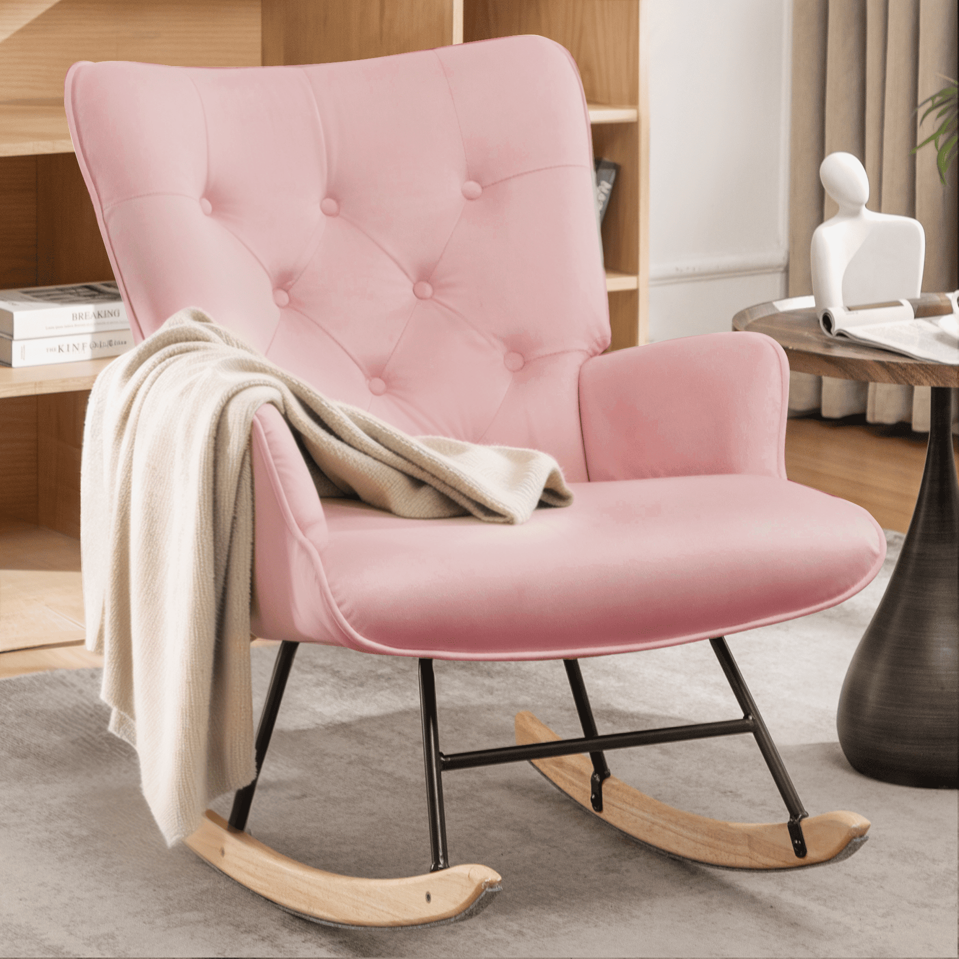 Rocking Chair for Nursery, Comfy Velvet Fabric Glider Rocker, Reading Chair with Support Seating and Side Pockets