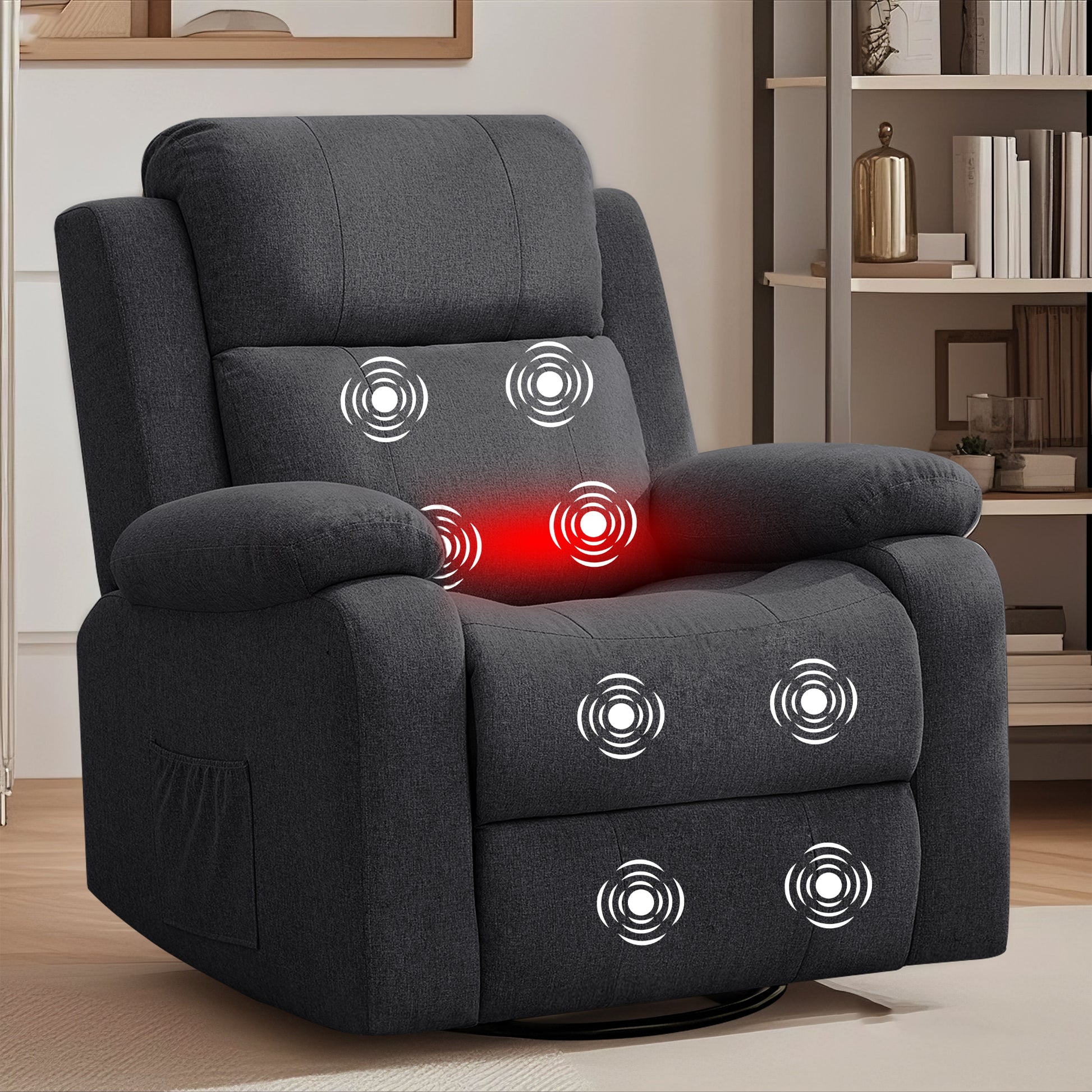 Recliner Chair for Adults, 360° Swivel Rocker Reclining Chairs, Nursery Rocking Chair with Massage and Heat, Upholstered Fabric Chair with Side Pockets, Oversized Glider for Living Room,
