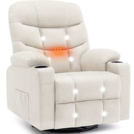 KORSER 360° Swivel Recliner Chairs for Adults, Rocker Chair with Heat and Massage（8 points massage 2 points heating）Comes with side pockets and remote control