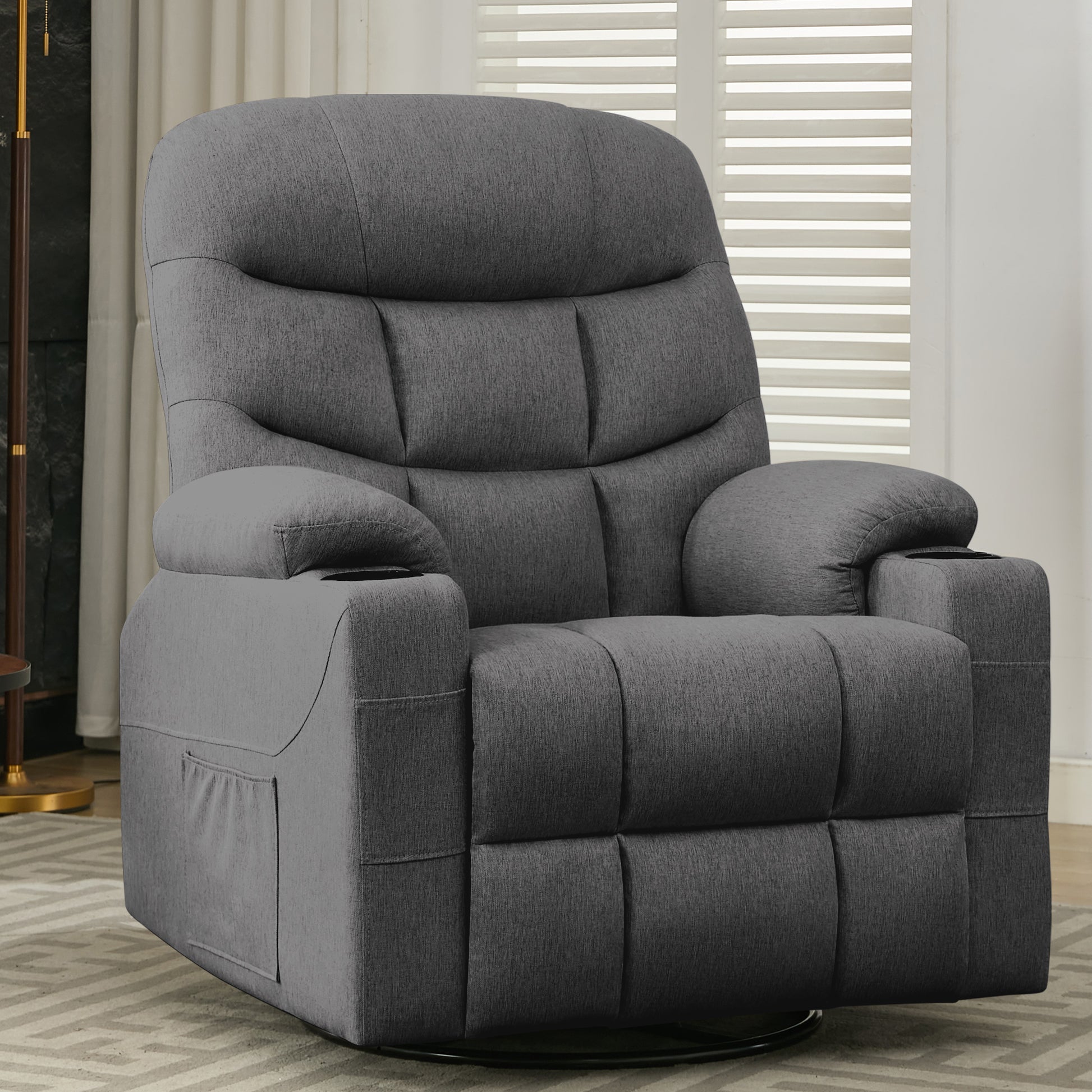 KORSER 360° Swivel Recliner Chairs for Adults, Rocker Chair with Heat and Massage（8 points massage 2 points heating）Comes with side pockets and remote control