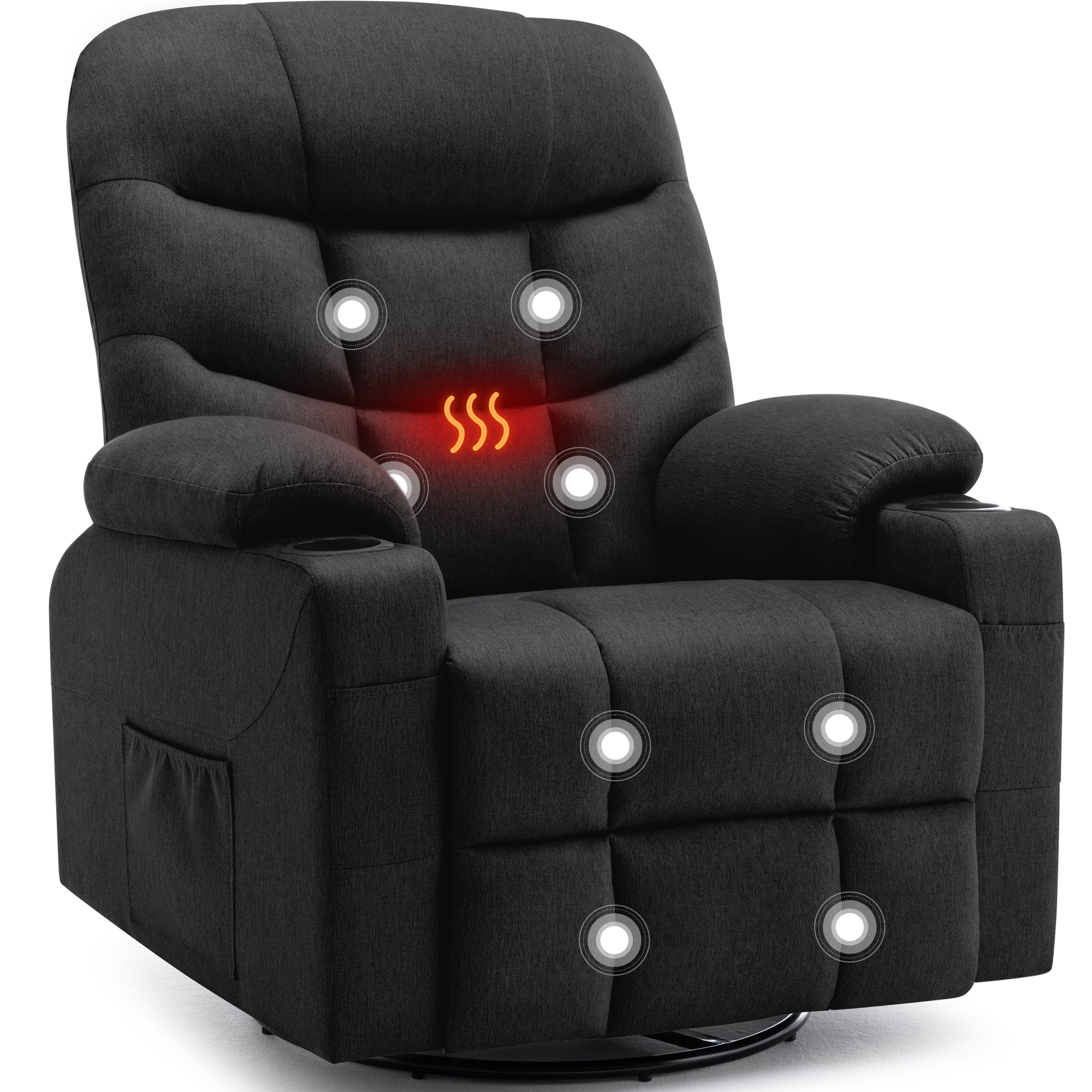 KORSER 360° Swivel Recliner Chairs for Adults, Rocker Chair with Heat and Massage（8 points massage 2 points heating）Comes with side pockets and remote control