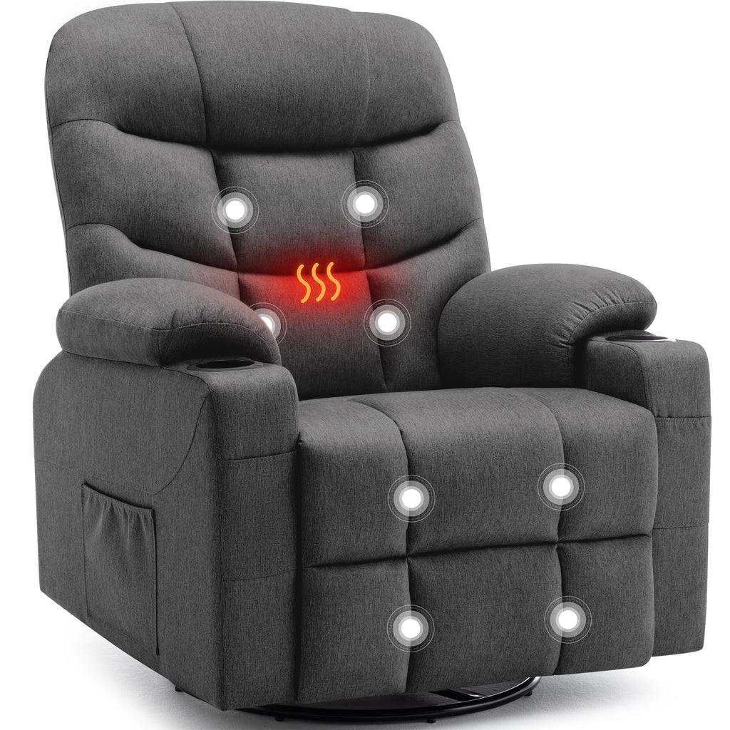KORSER 360° Swivel Recliner Chairs for Adults, Rocker Chair with Heat and Massage（8 points massage 2 points heating）Comes with side pockets and remote control