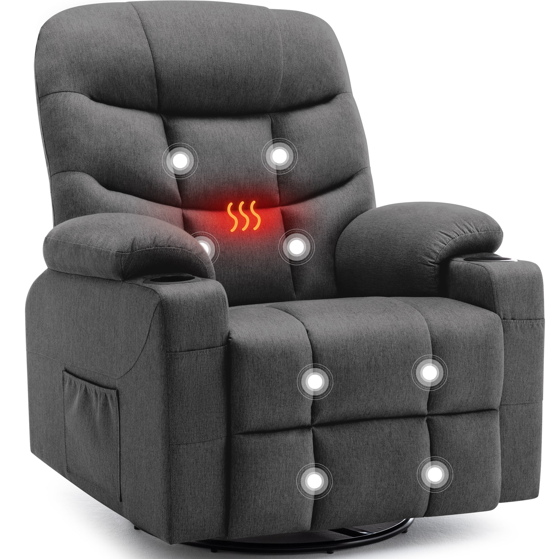 KORSER 360° Swivel Recliner Chairs for Adults, Rocker Chair with Heat and Massage（8 points massage 2 points heating）Comes with side pockets and remote control