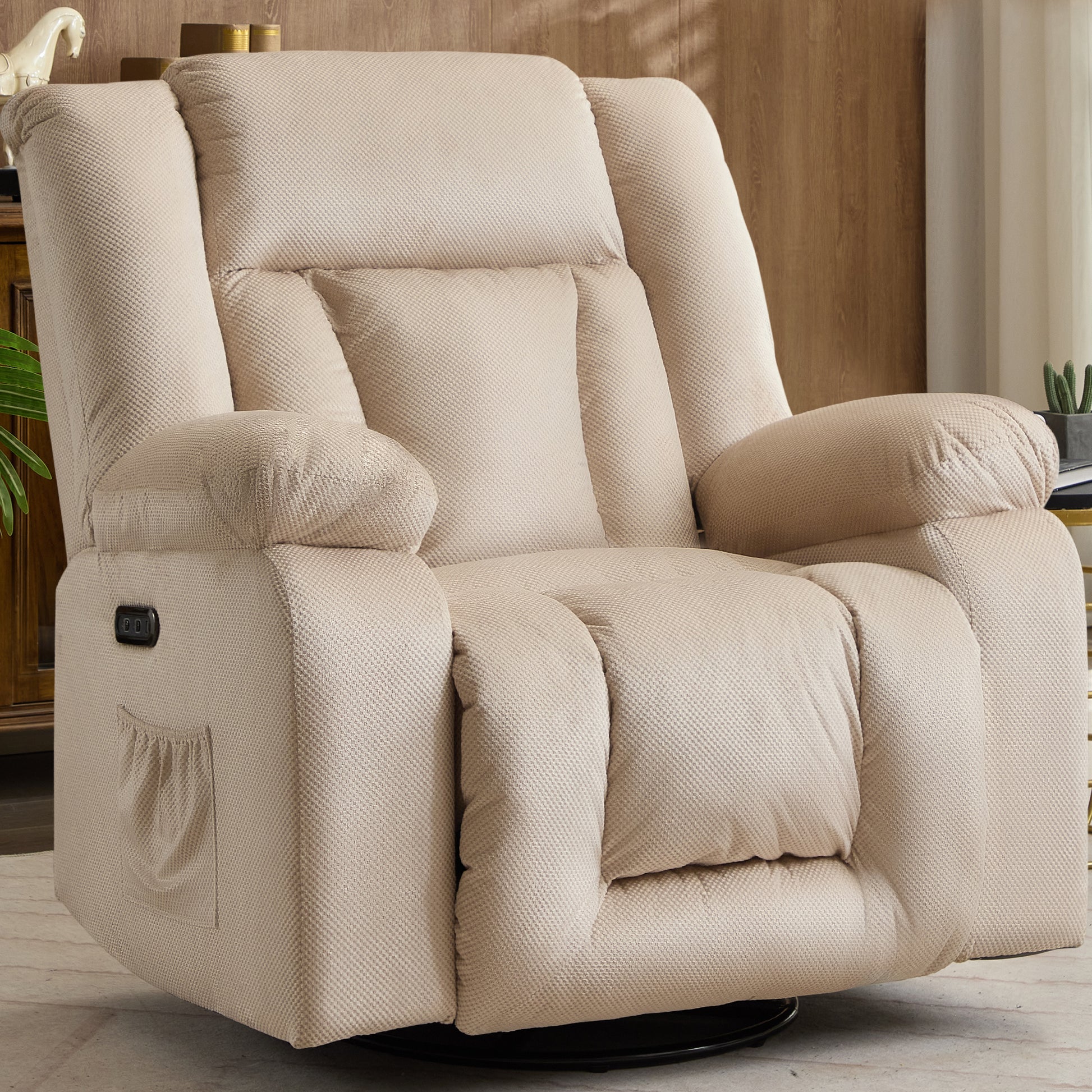 Oversize Power Recliner Chair, Swivel Rocking Chair for Adults, Electric Nursery Recliner with Massage and Heating, Waffle Fabric Recliner Chair with Side Pockets for Living Room