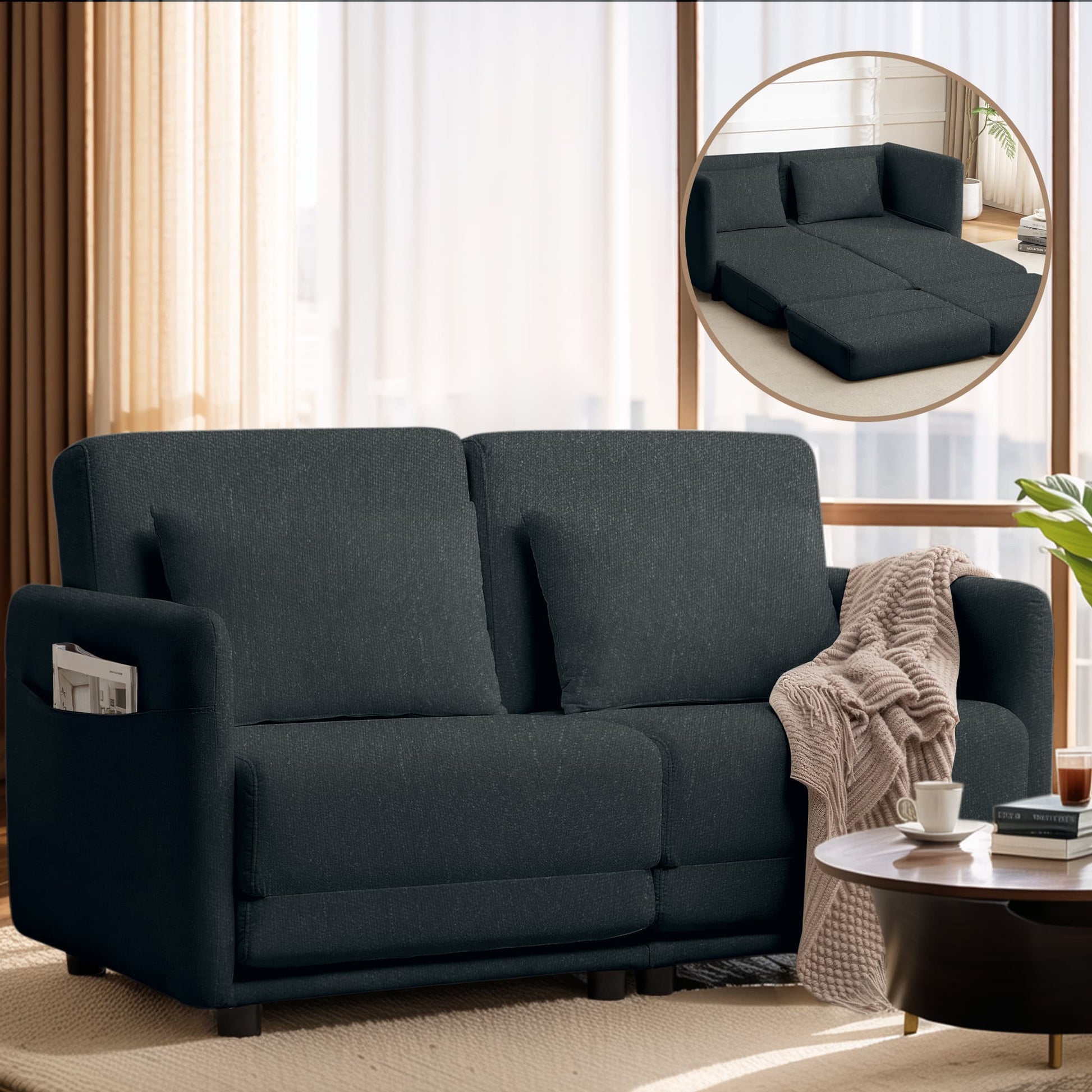 56.3" W x 74.8" L Small Full Size Pull Out Couch, Loveseat Sleeper with Side Pockets, Fold Floor Sofa Bed with Breathable & Washable Cover