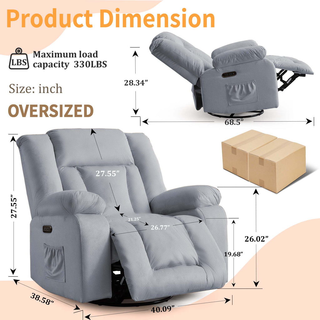 Oversized Power Recliner Chair, Swivel Rocking Chair for Adults, Electric Glider Reclining with Massage and Heating, Waffle Fabric Rocker Recliner with Side Pockets for Living Room, Bedroom
