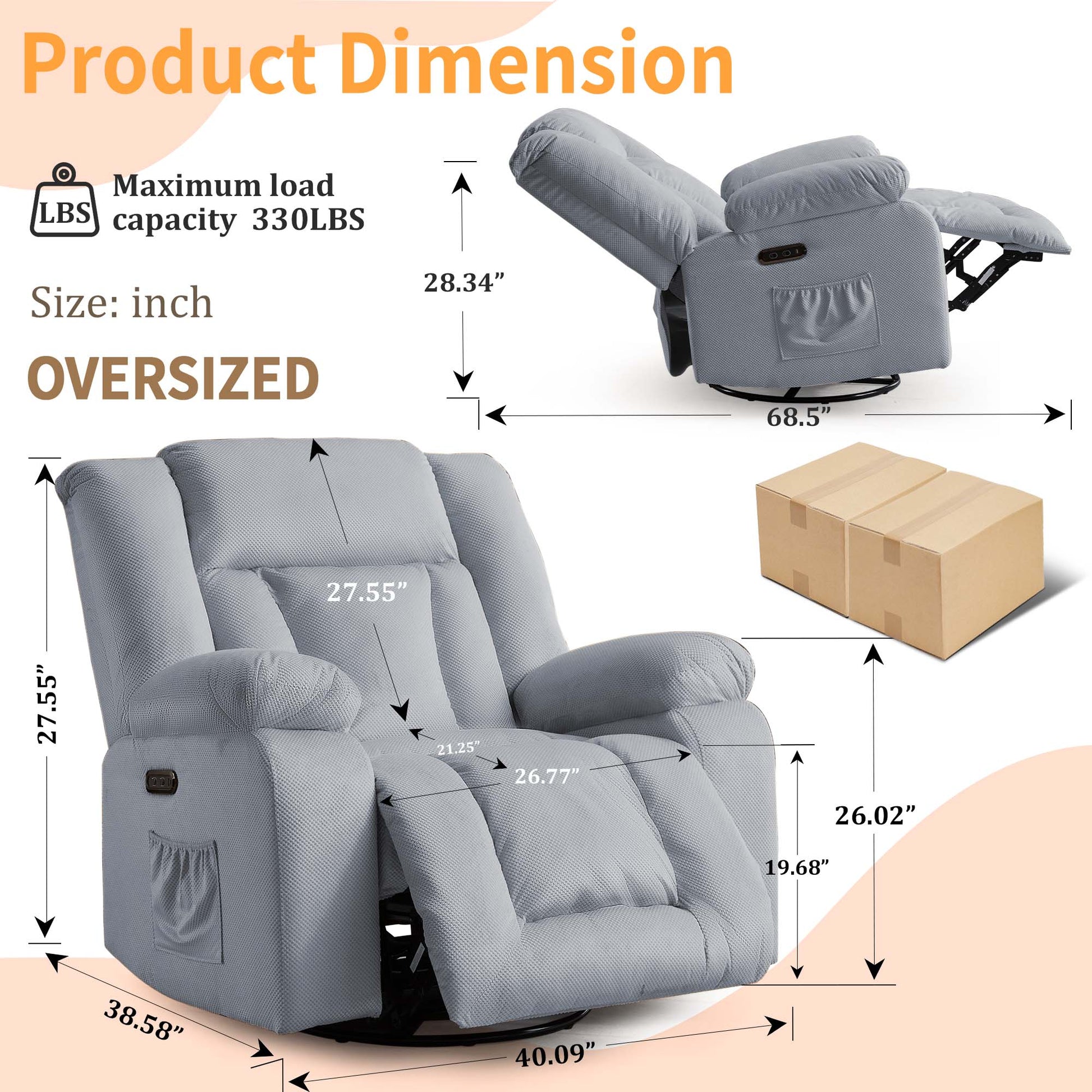 Oversized Power Recliner Chair, Swivel Rocking Chair for Adults, Electric Glider Reclining with Massage and Heating, Waffle Fabric Rocker Recliner with Side Pockets for Living Room, Bedroom