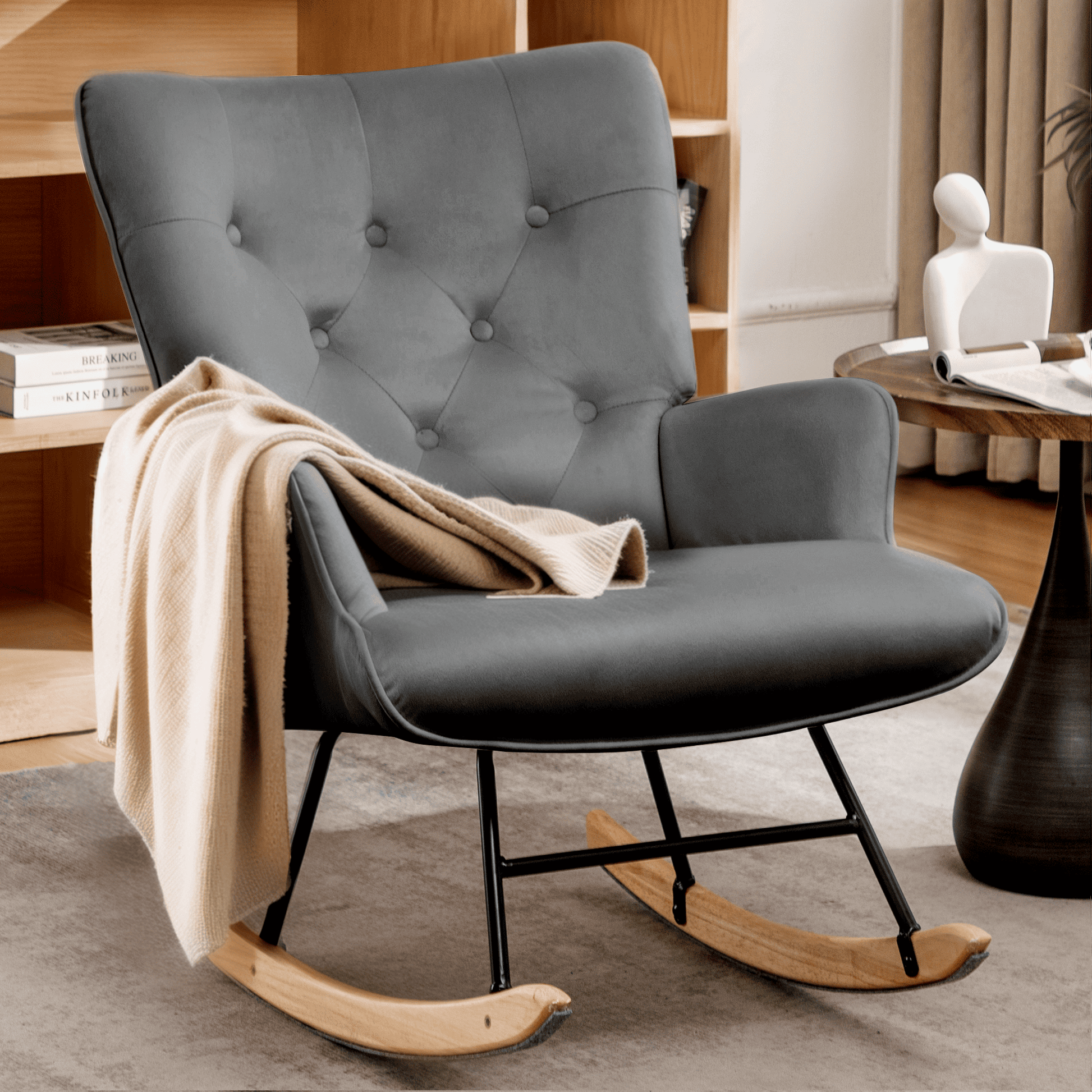 Rocking Chair for Nursery, Comfy Velvet Fabric Glider Rocker, Reading Chair with Support Seating and Side Pockets