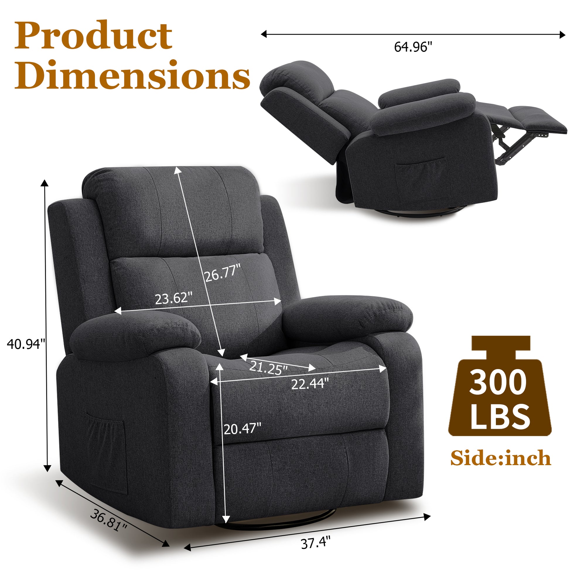Recliner Chair for Adults, 360° Swivel Rocker Reclining Chairs, Nursery Rocking Chair with Massage and Heat, Upholstered Fabric Chair with Side Pockets, Oversized Glider for Living Room,