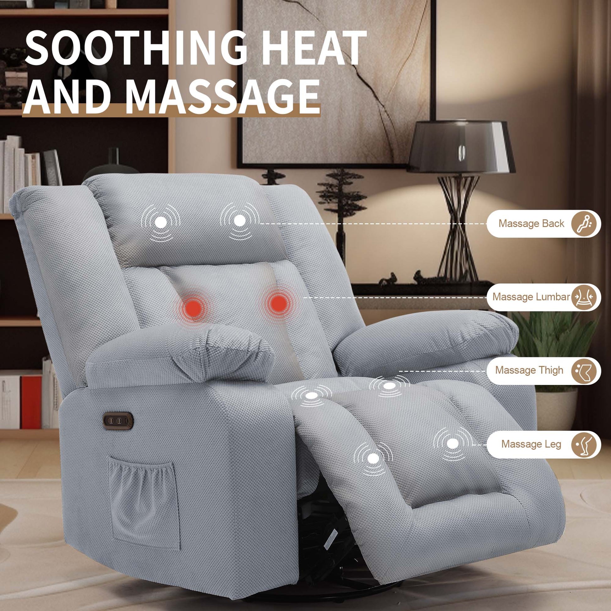 Oversized Power Recliner Chair, Swivel Rocking Chair for Adults, Electric Glider Reclining with Massage and Heating, Waffle Fabric Rocker Recliner with Side Pockets for Living Room, Bedroom