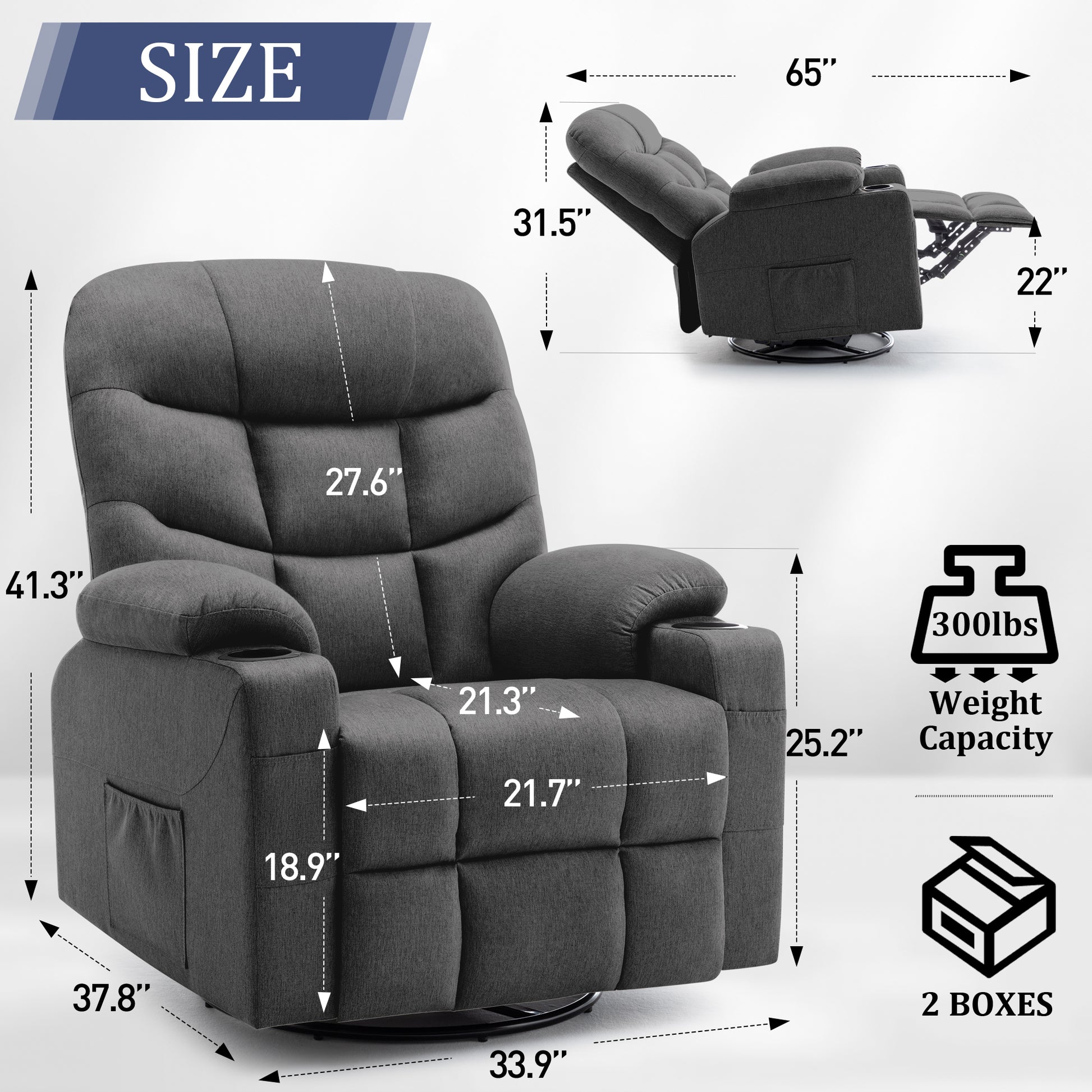 KORSER 360° Swivel Recliner Chairs for Adults, Rocker Chair with Heat and Massage（8 points massage 2 points heating）Comes with side pockets and remote control