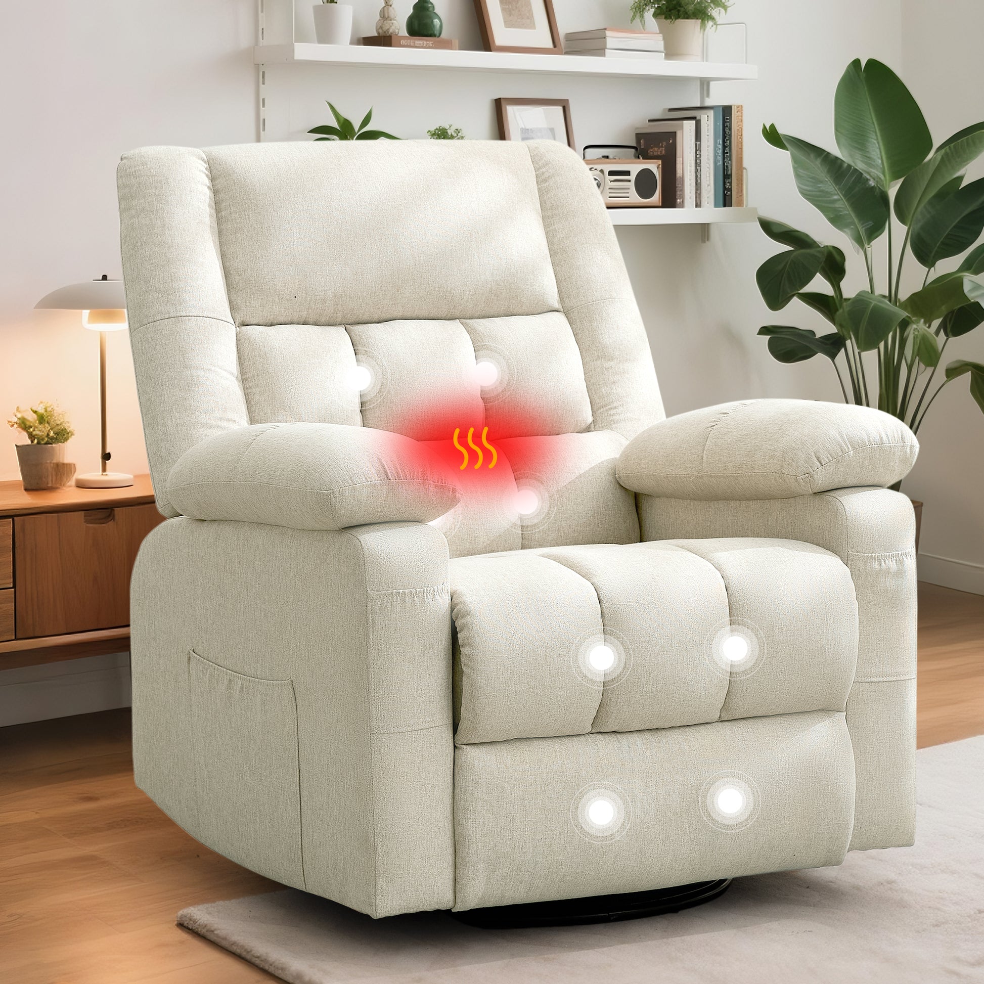 Korser Recliner Chair, Swivel Recliner Chairs for Adults, Glider Rocker Recliner with 2 Side Pockets, Recliners with Heat and Massage, Manual Reclining Chair for Living Room, Bedroom, Nursery