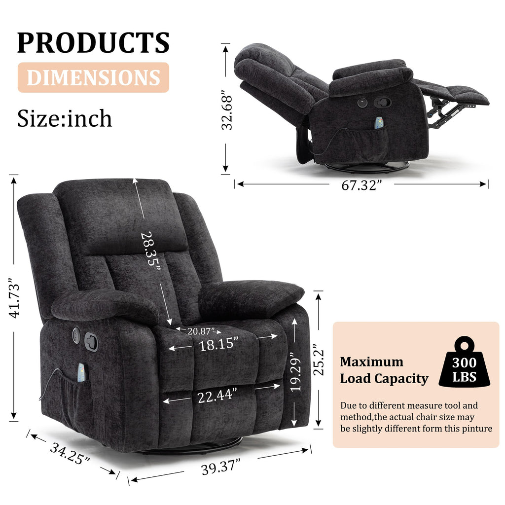 Rocker Recliner Chair, Glider Recliner Chairs for Adults, 360° Swivel Recliner with Massage and Heating, Rocking Recliner Chair with Side Pockets and USB