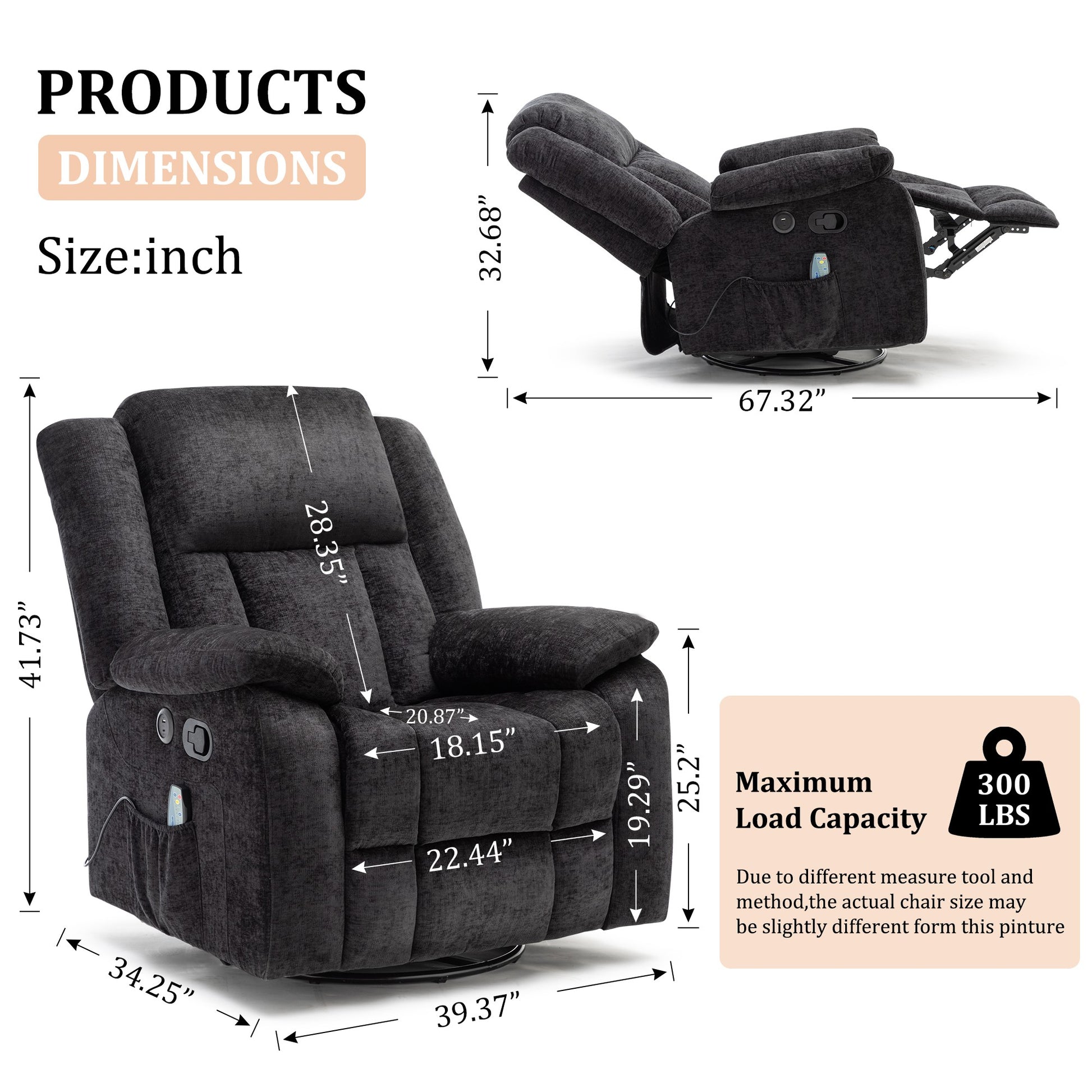 Rocker Recliner Chair, Glider Recliner Chairs for Adults, 360° Swivel Recliner with Massage and Heating, Rocking Recliner Chair with Side Pockets and USB