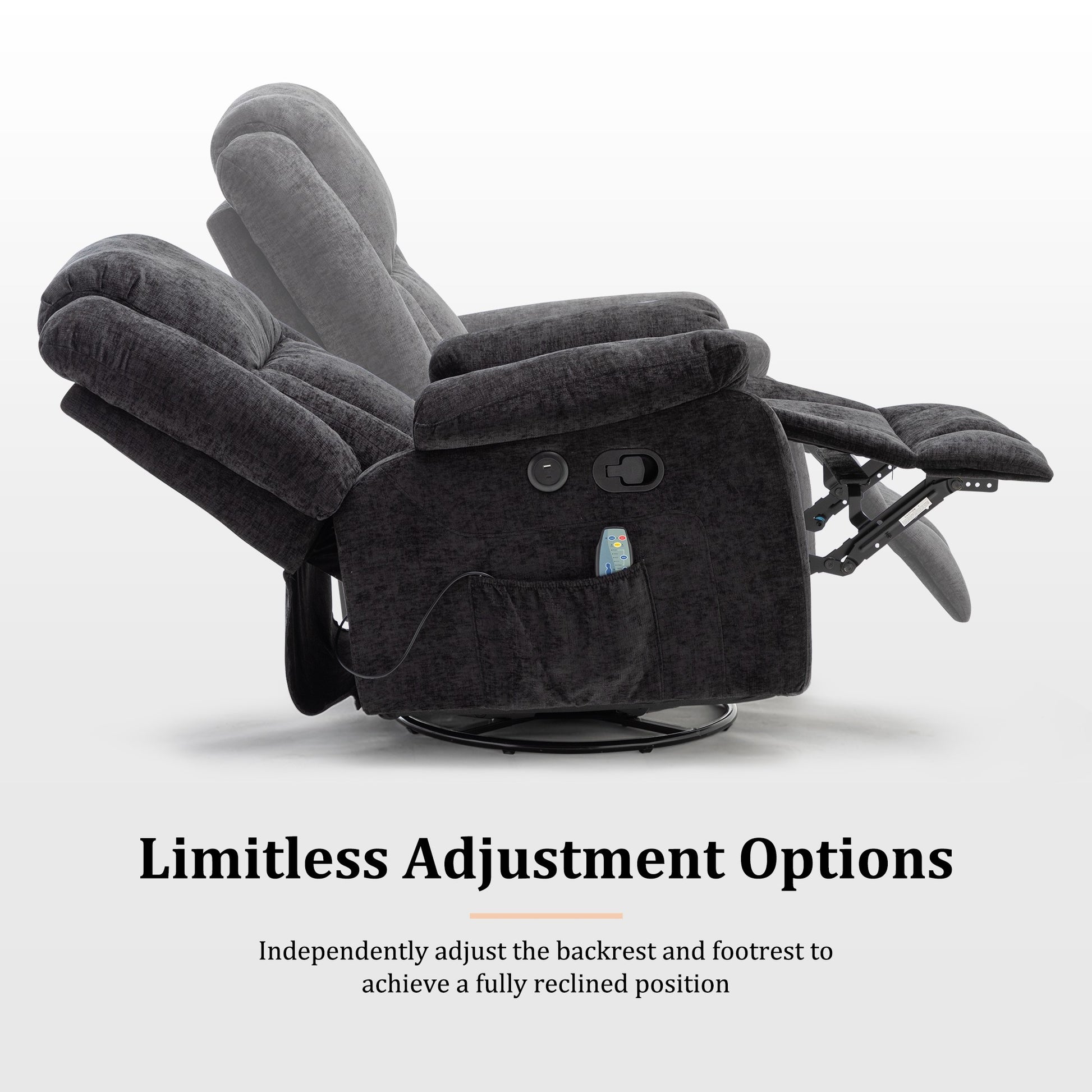 Rocker Recliner Chair, Glider Recliner Chairs for Adults, 360° Swivel Recliner with Massage and Heating, Rocking Recliner Chair with Side Pockets and USB