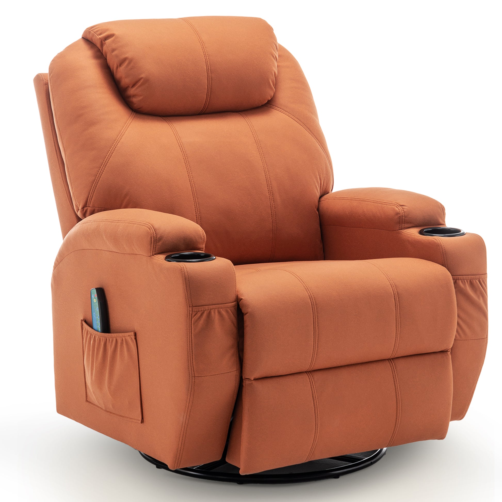 Brown reclining chair with massage, heat, and cup holders, featuring 360° swivel and remote control for relaxation.