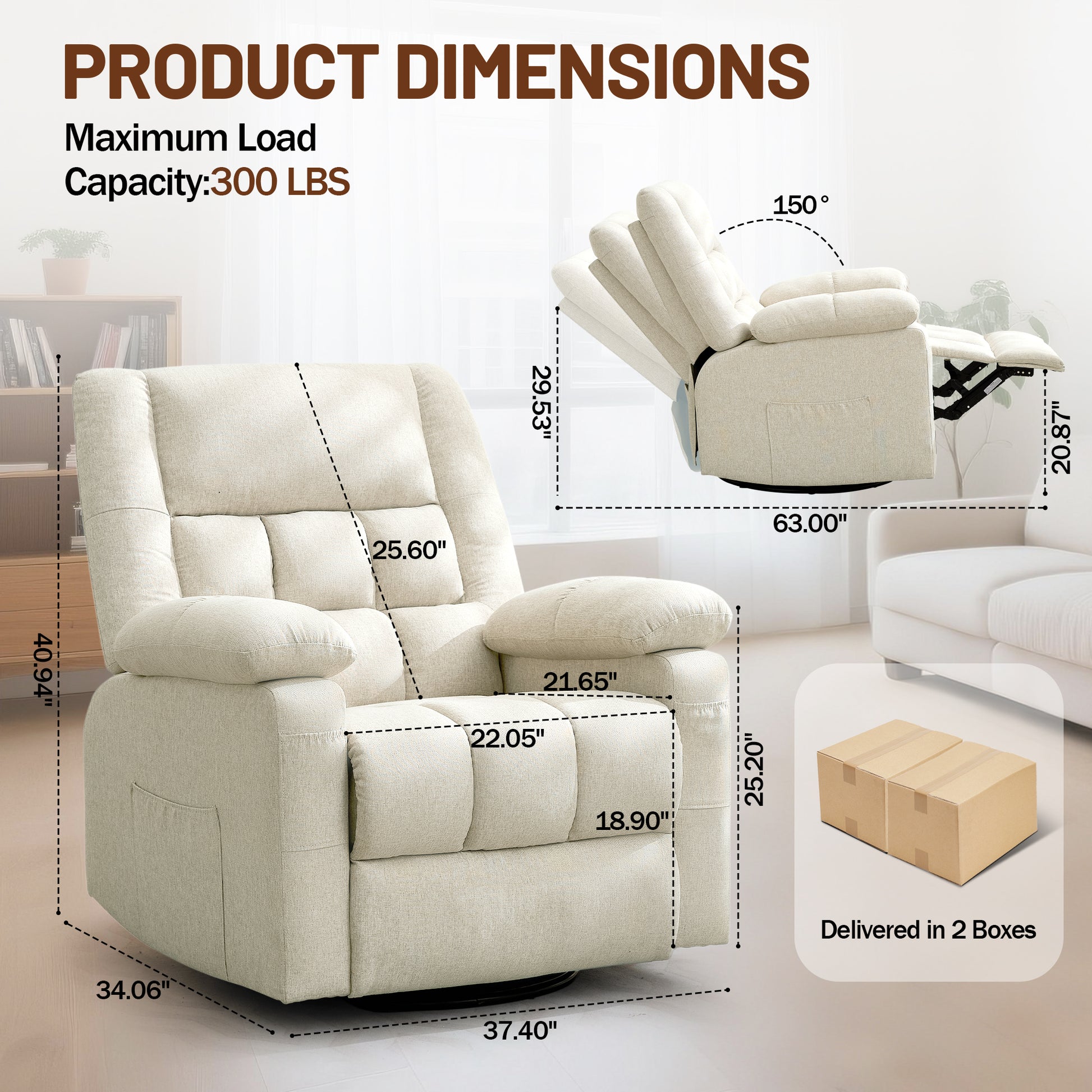 Korser Recliner Chair, Swivel Recliner Chairs for Adults, Glider Rocker Recliner with 2 Side Pockets, Recliners with Heat and Massage, Manual Reclining Chair for Living Room, Bedroom, Nursery