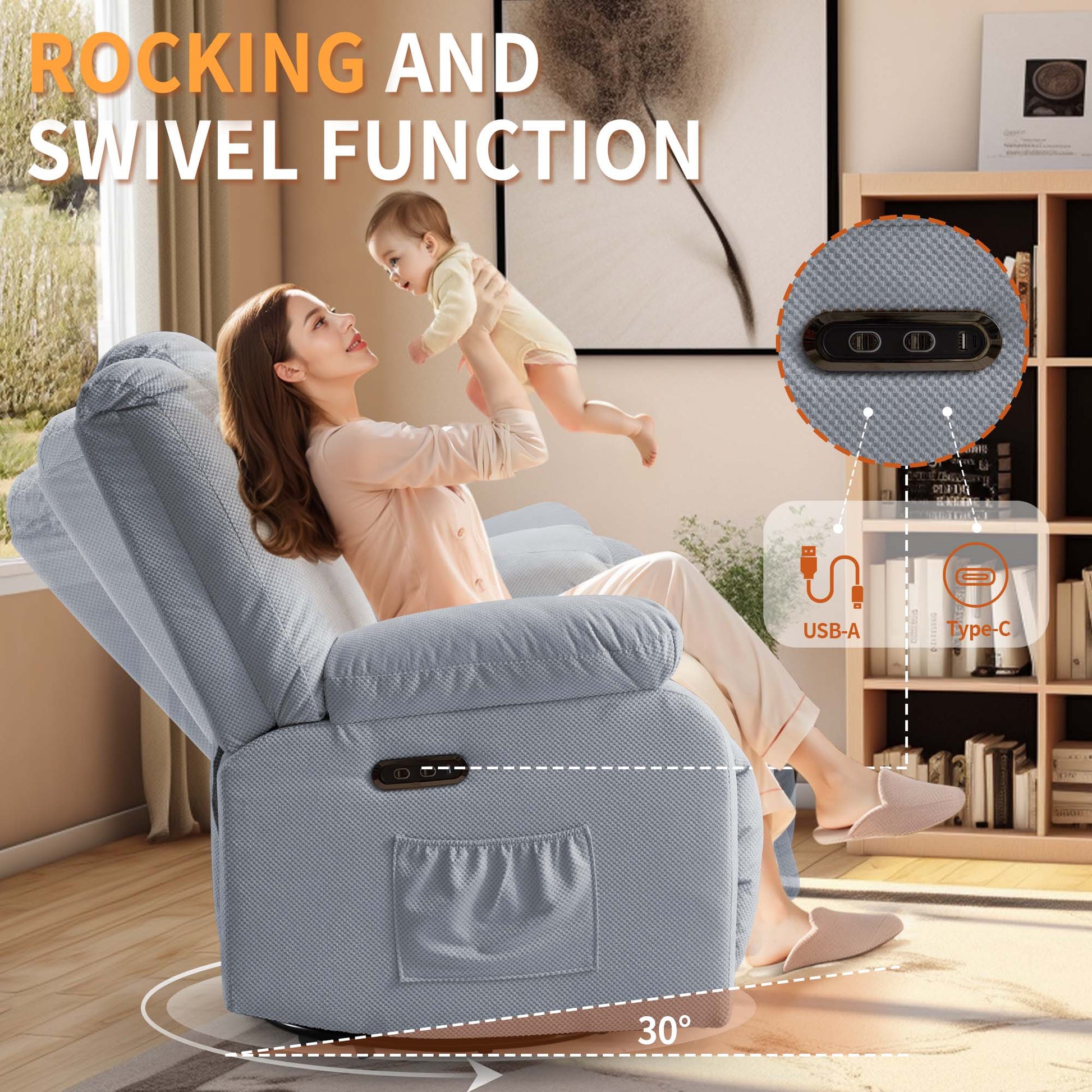 Oversized Power Recliner Chair, Swivel Rocking Chair for Adults, Electric Glider Reclining with Massage and Heating, Waffle Fabric Rocker Recliner with Side Pockets for Living Room, Bedroom