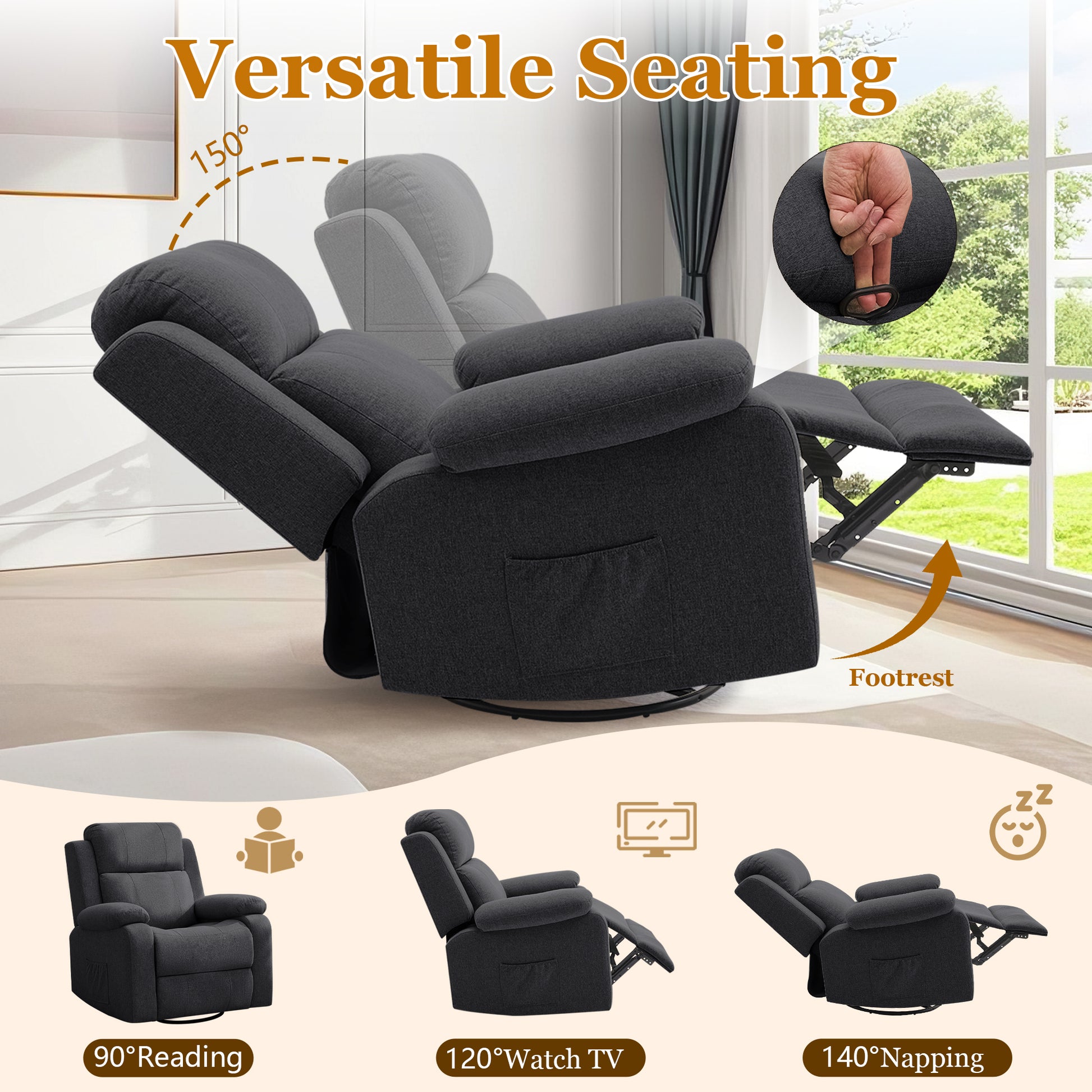 Recliner Chair for Adults, 360° Swivel Rocker Reclining Chairs, Nursery Rocking Chair with Massage and Heat, Upholstered Fabric Chair with Side Pockets, Oversized Glider for Living Room,