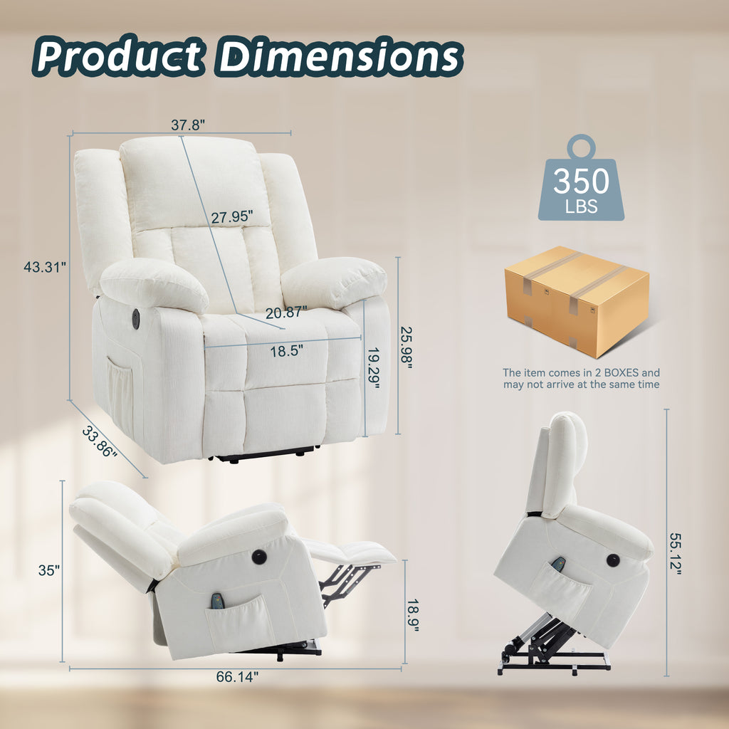 Power Lift Recliners for Elderly and Adults, Lift Chair with Massage and Heating, Electric Recliner with USB Ports, Reclining Chair with Easy-to-Reach Side Button, Chenille Recliner Sofa