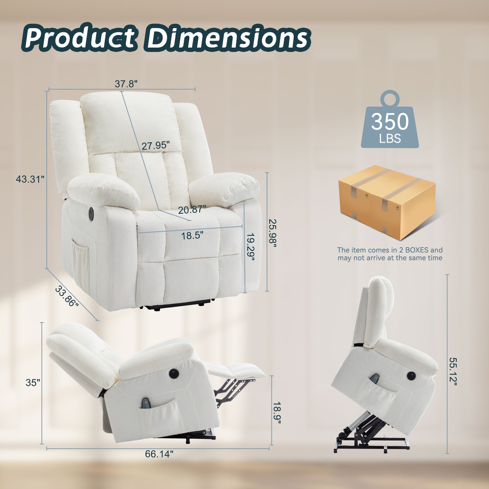 Power Lift Recliners for Elderly and Adults, Lift Chair with Massage and Heating, Electric Recliner with USB Ports, Reclining Chair with Easy-to-Reach Side Button, Chenille Recliner Sofa