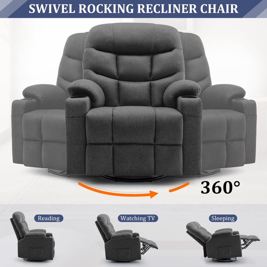 KORSER 360° Swivel Recliner Chairs for Adults, Rocker Chair with Heat and Massage（8 points massage 2 points heating）Comes with side pockets and remote control