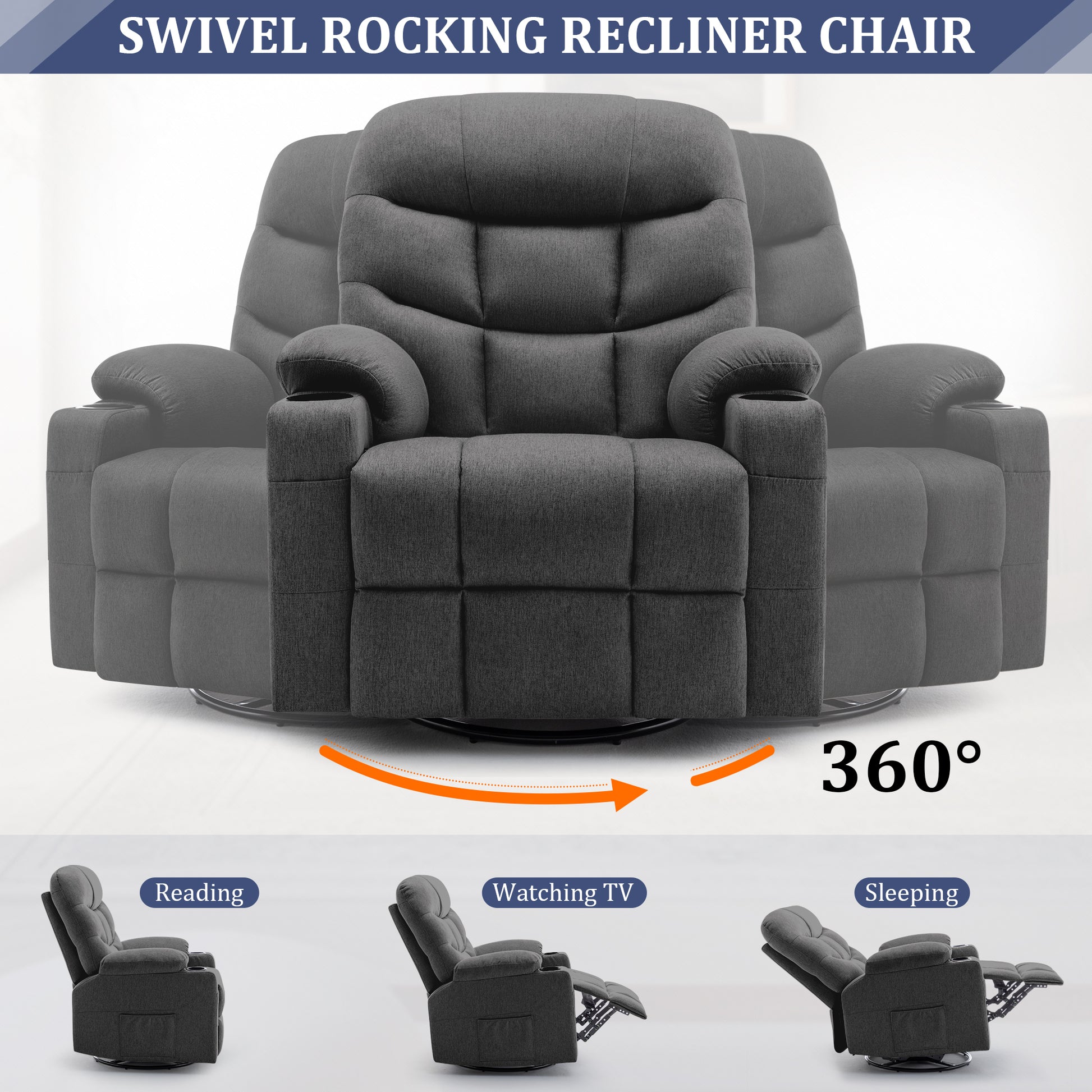 KORSER 360° Swivel Recliner Chairs for Adults, Rocker Chair with Heat and Massage（8 points massage 2 points heating）Comes with side pockets and remote control