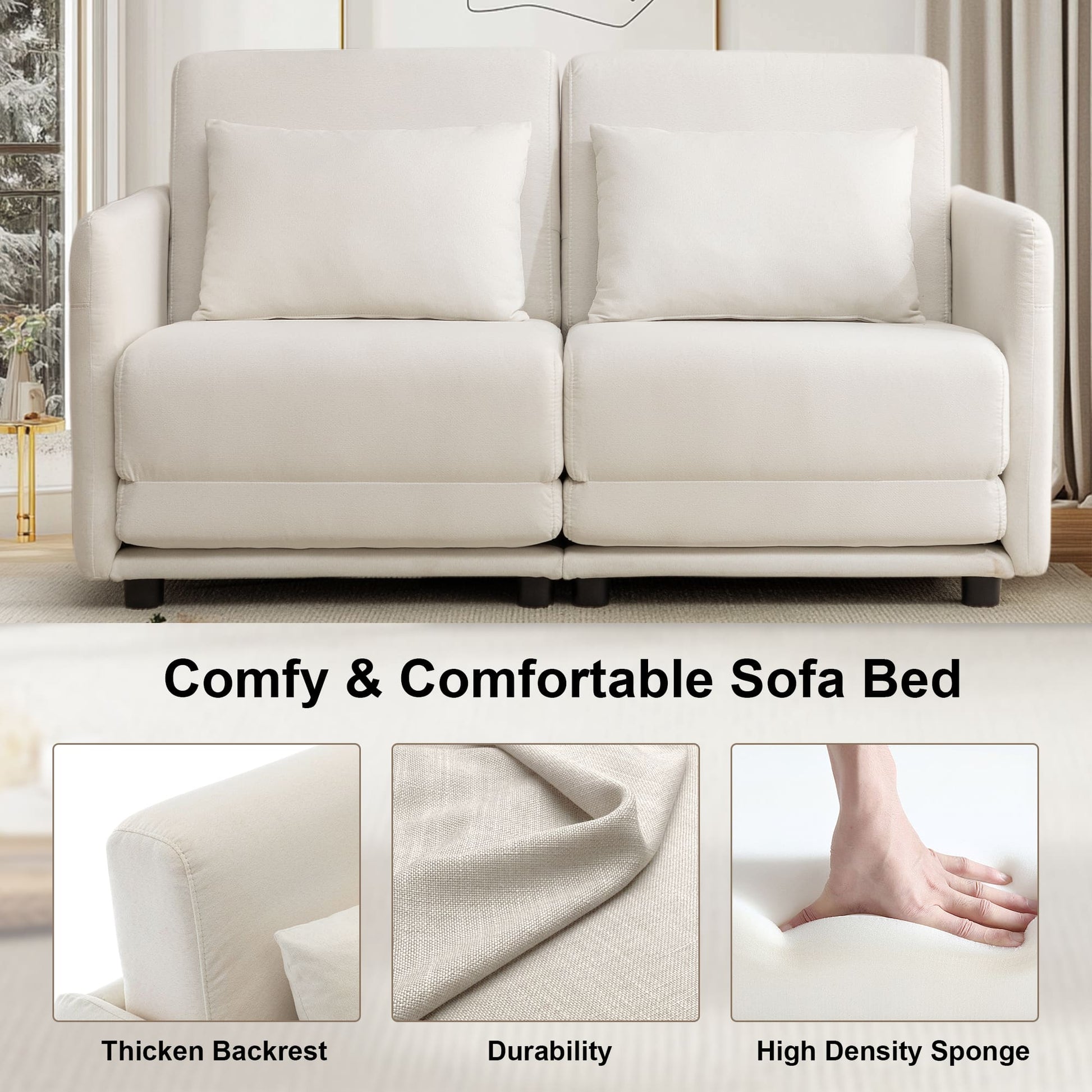 65" W x 80.7" L Small Queen Pull Out Couch, Loveseat Sleeper with Side Pockets, Fold Floor Sofa Bed with Breathable & Washable Cover
